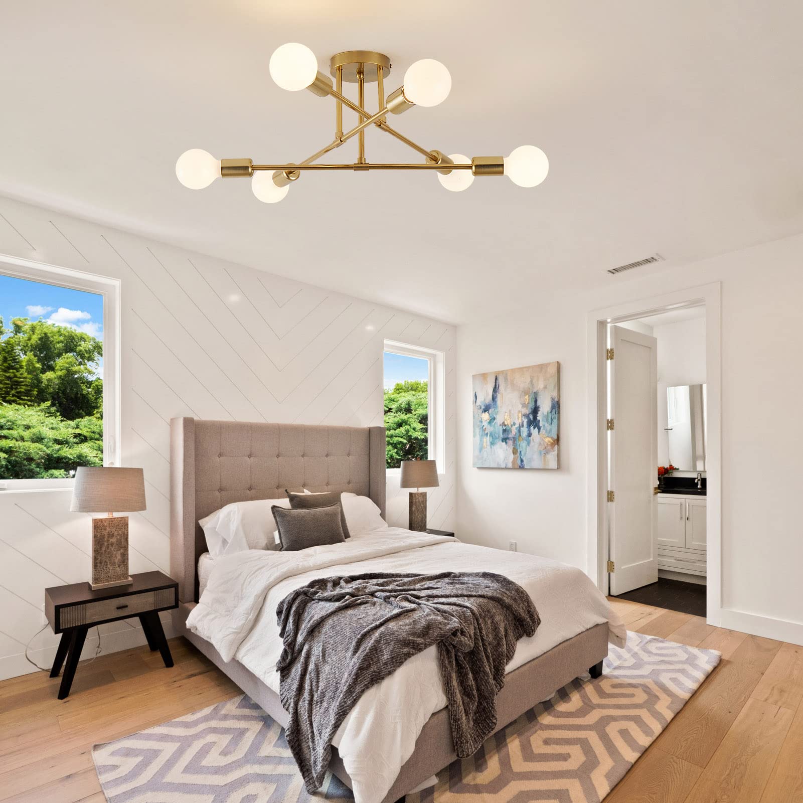 Yxth Gold 6-Light Semi Flush Mount Ceiling Light Fixture, Modern Sputnik Chandelier For Home