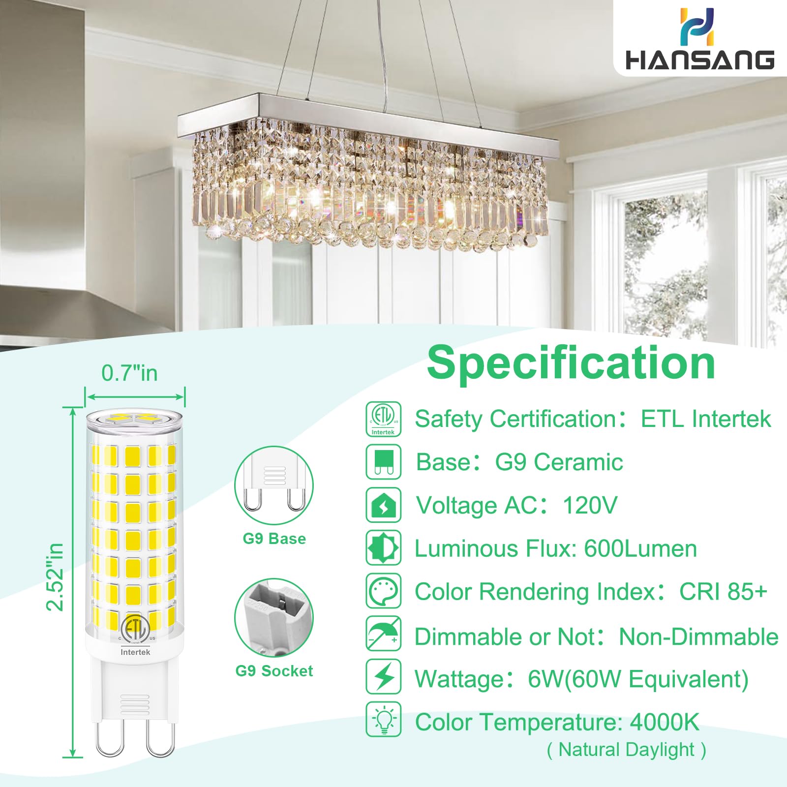 Hansang 10 Pack G9 Led Bulbs 4000K Natural Daylight 6W (60W Halogen Equivalent) T4 Chandelier Light Bulbs G9 Bi Pin Ceramic Base