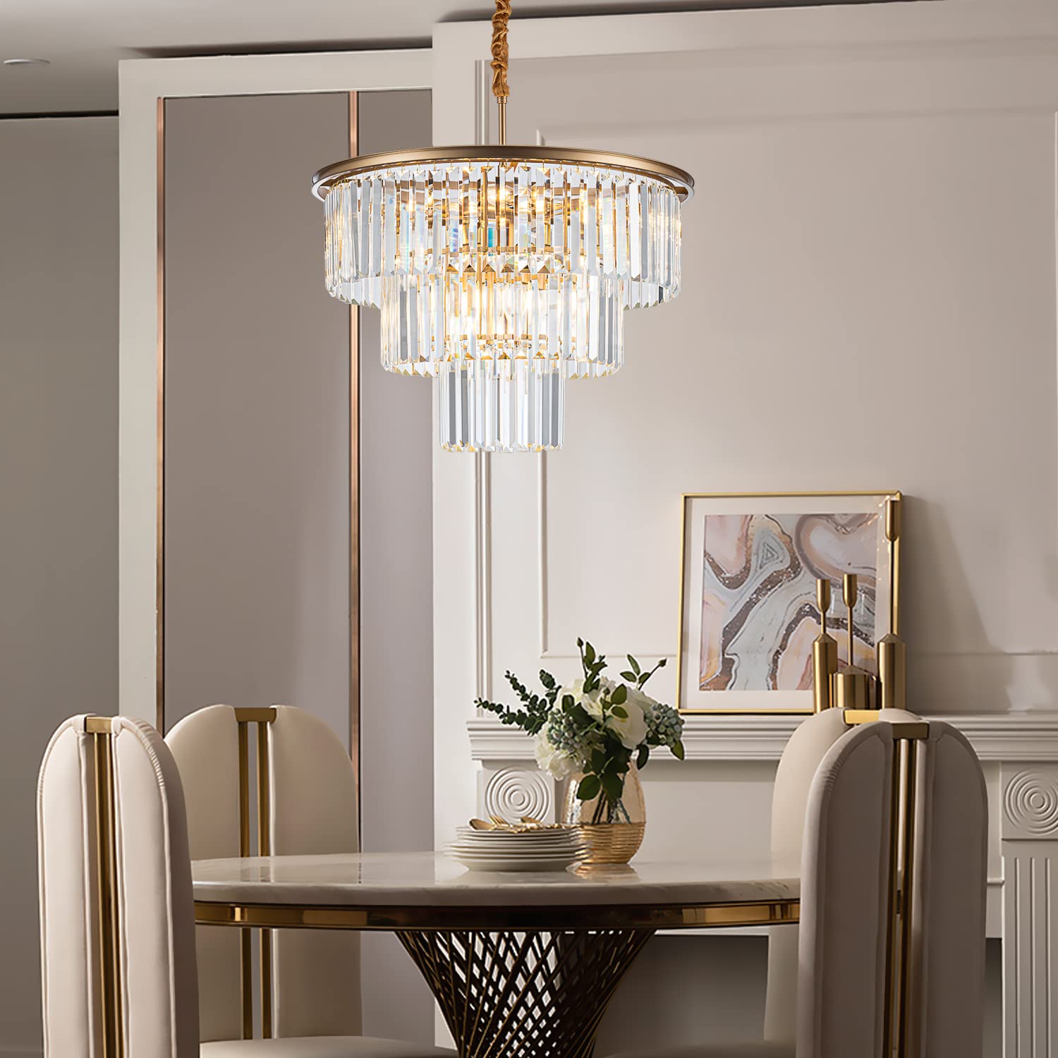 Brfaixla 12-Light 23.64 Gold Modern Crystal Chandelier Crystal Pendant Chandeliers Light Fixture 3-Tier Hanging Lighting For Living Dinning Room Bedroom Foyer