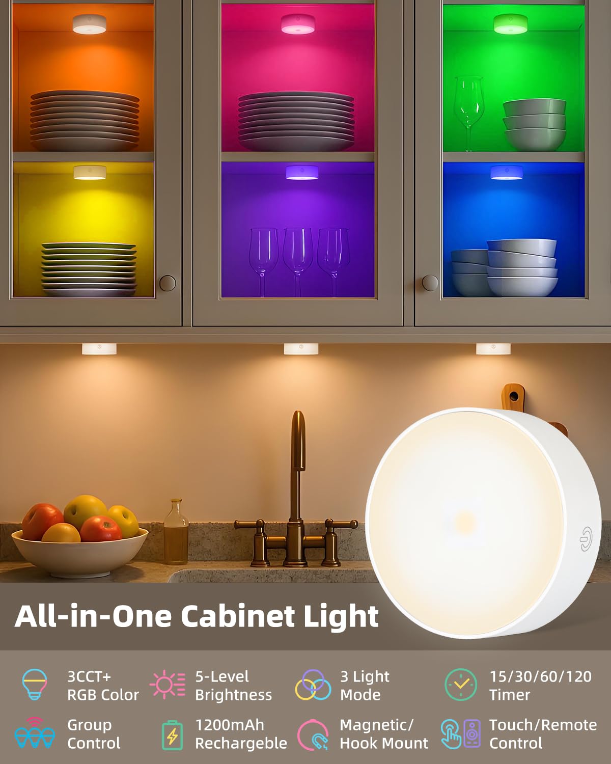 Yiliaw Puck Lights with Remote, Motion Sensor, 19 Colors, 1200mAh Battery, 6 Pack, White