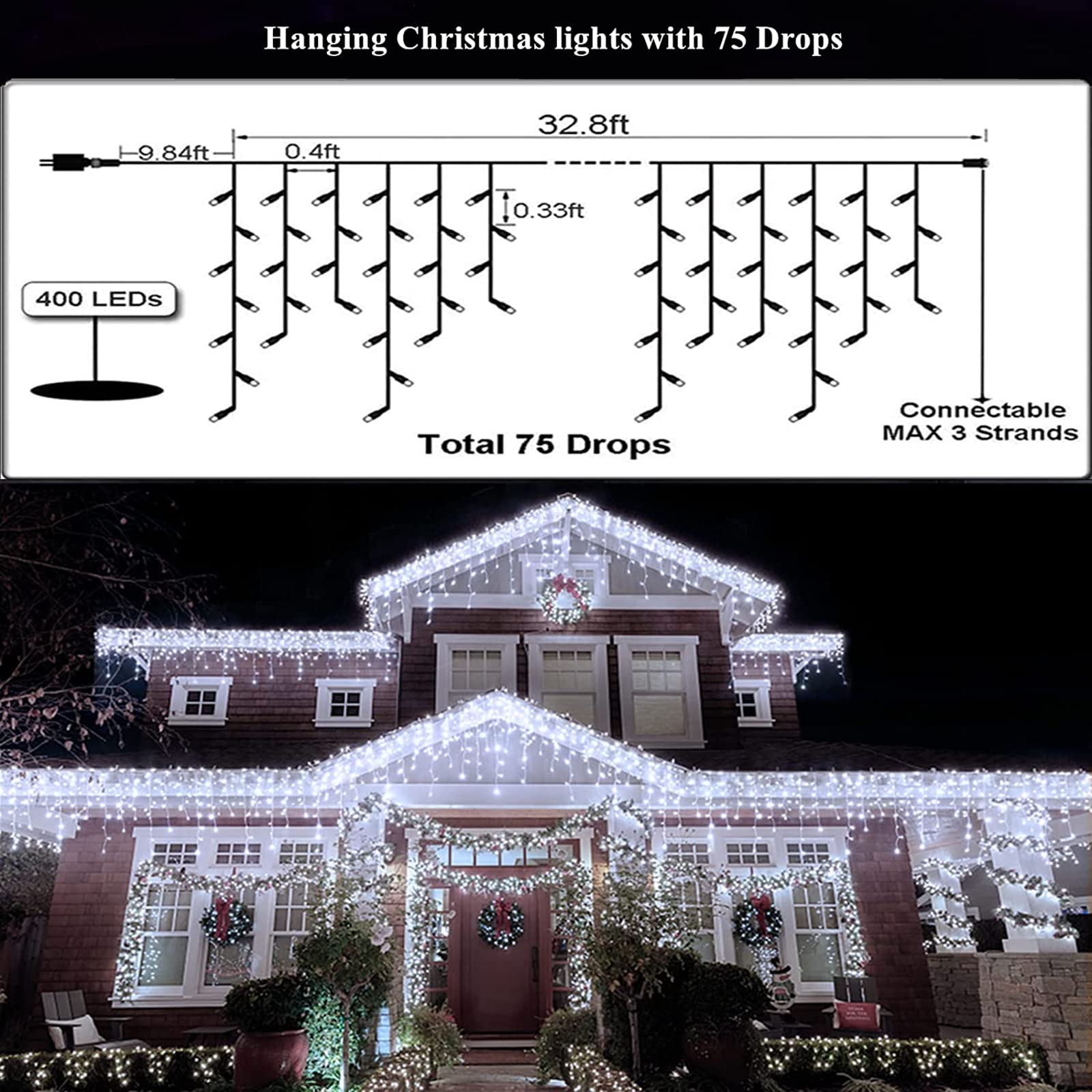 Kiflytooin Led Christmas Lights - 400 Led, 8 Modes, Waterproof, Cool White, Model Gp-Sw290Dc0209, Indoor/Outdoor Hanging Decorations