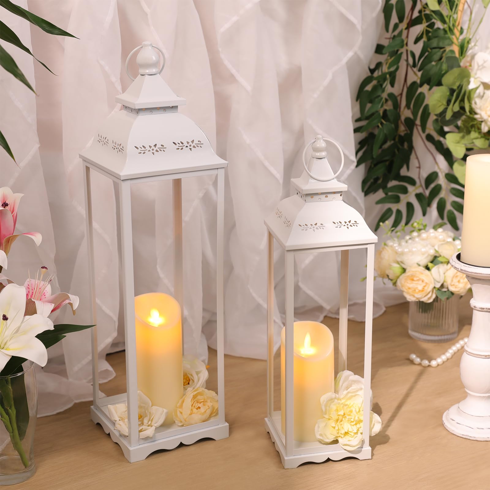 HAVITI 2 Pack Large Lanterns, White Metal Decorative Indoor/Outdoor, 22in & 17in, with 2 Flameless Candles, Farmhouse Style