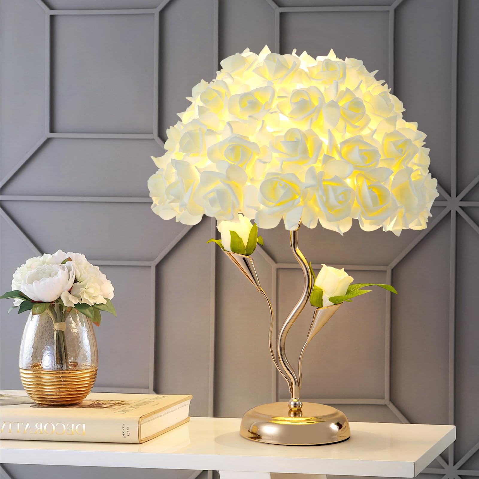ZYLEISENBAO Flowers Table Light Fabric Rose Nightstand Lamp Creative Romantic Bouquet Desk Lamp Yellow Princess Lamp for Wedding Decor Valentines Dating Bedroom Livingroom Hotel Office