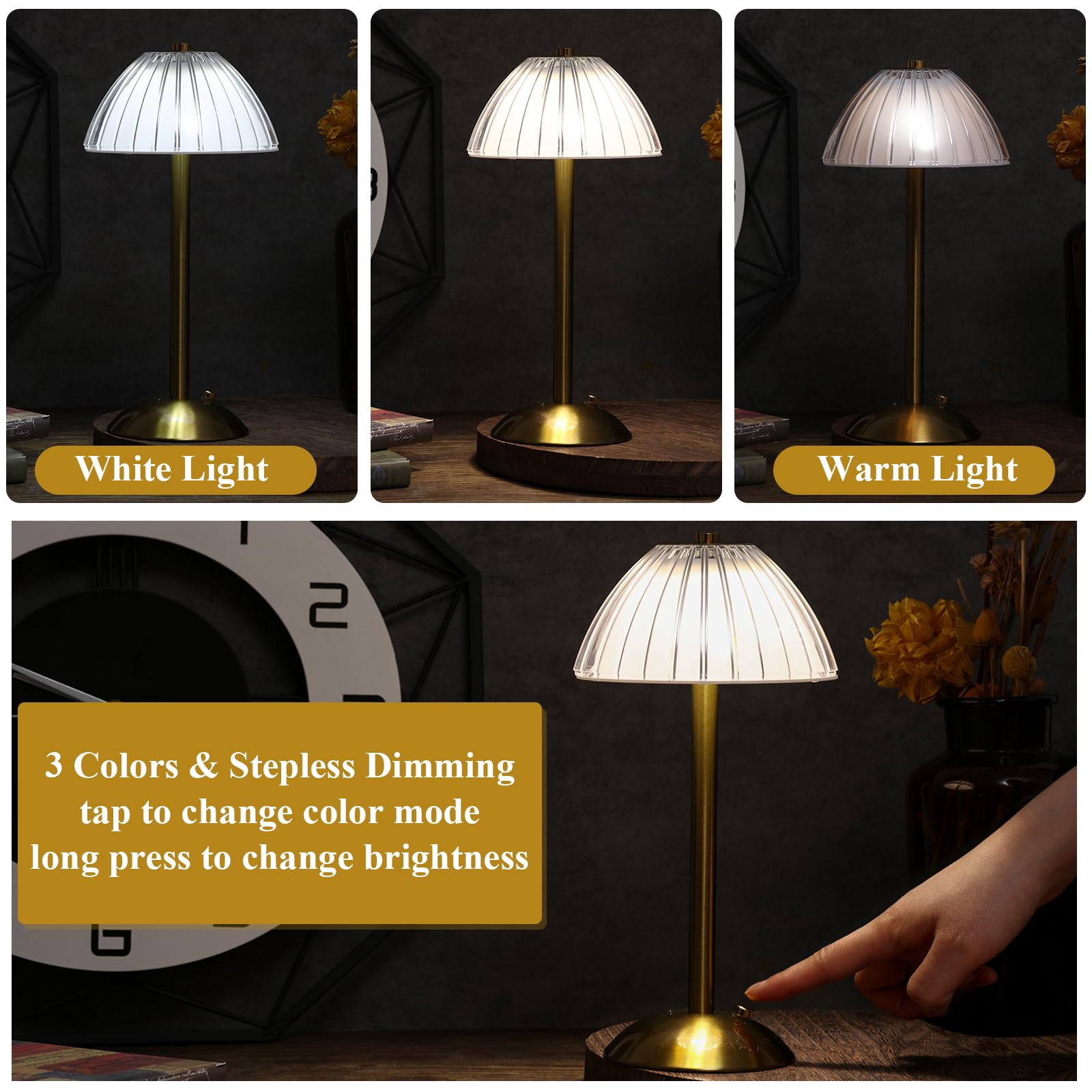 Liliful Led Cordless Gold Table Lamp - Touch Rechargeable, 3 Color Dimmable, Mushroom Style
