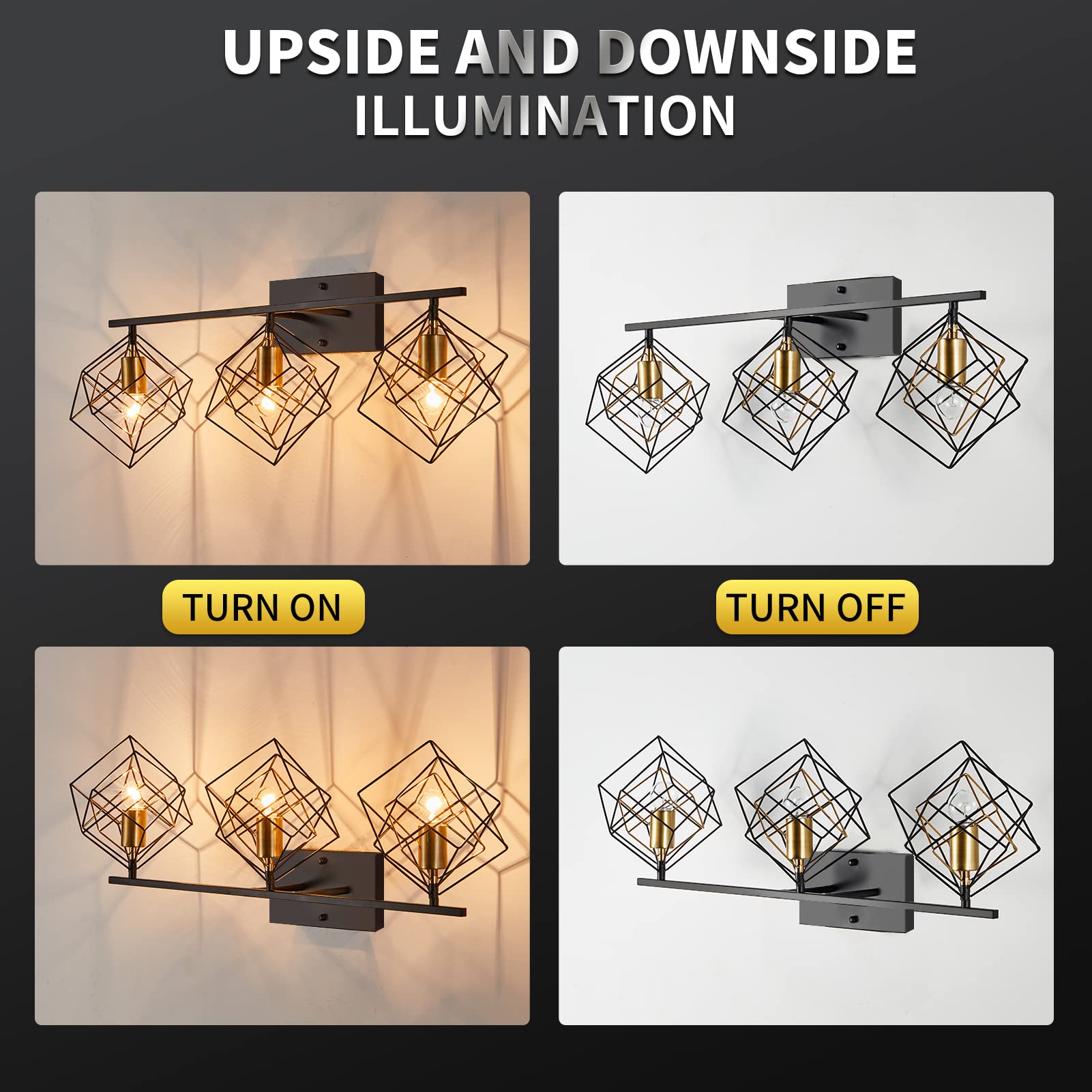 BEHIYA 3-Light Vanity Light - Matte Black, Industrial Design, Rotatable Cube Shades, 28" Width, Model BE-21S1-V007