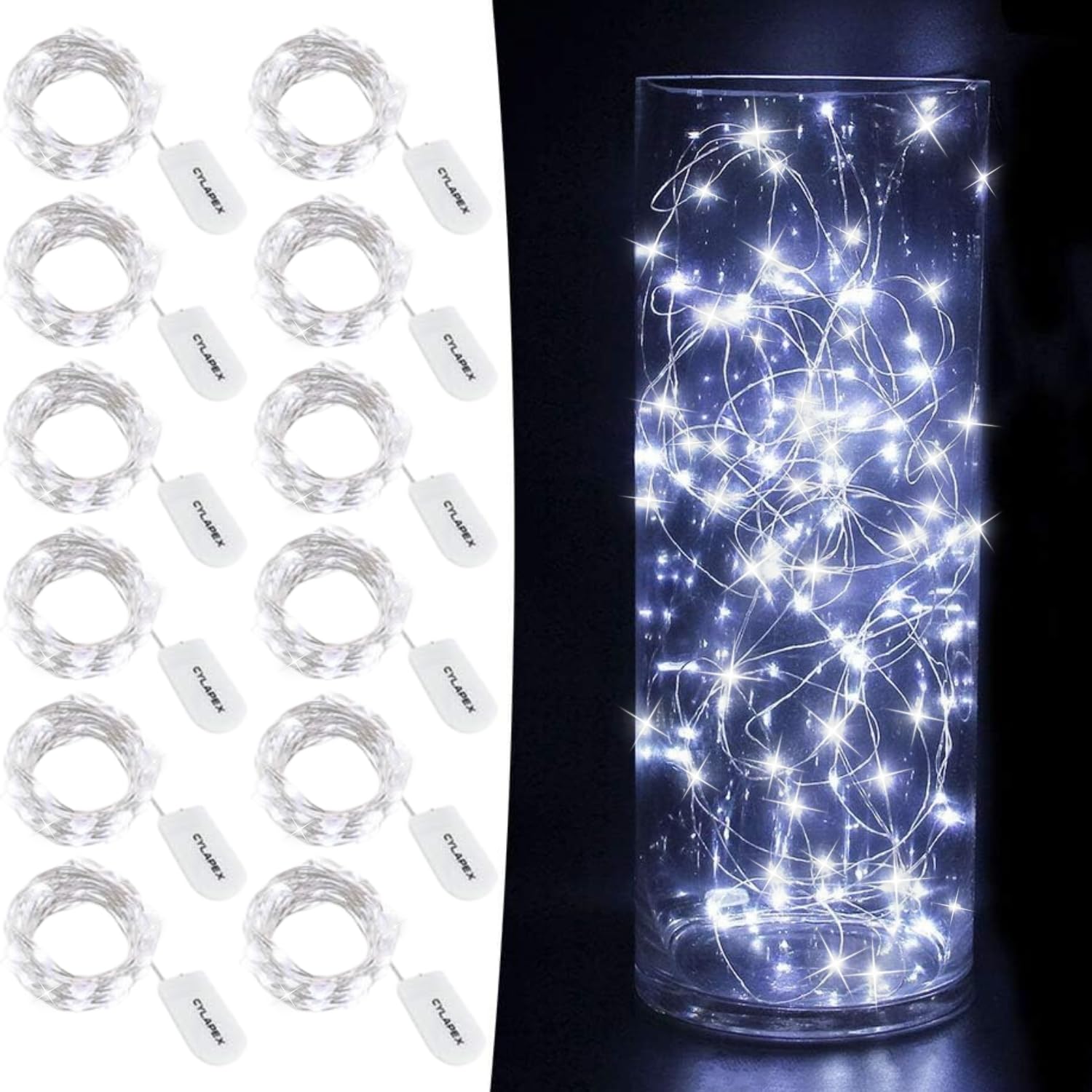 CYLAPEX 12 PCS Fairy Lights Cool White 3.3FT Silvery Copper Wire 20 LED String Lights Battery Powered  Starry String Lights Battery Operated Firefly Lights for Costume DIY Wedding Home Party Christmas