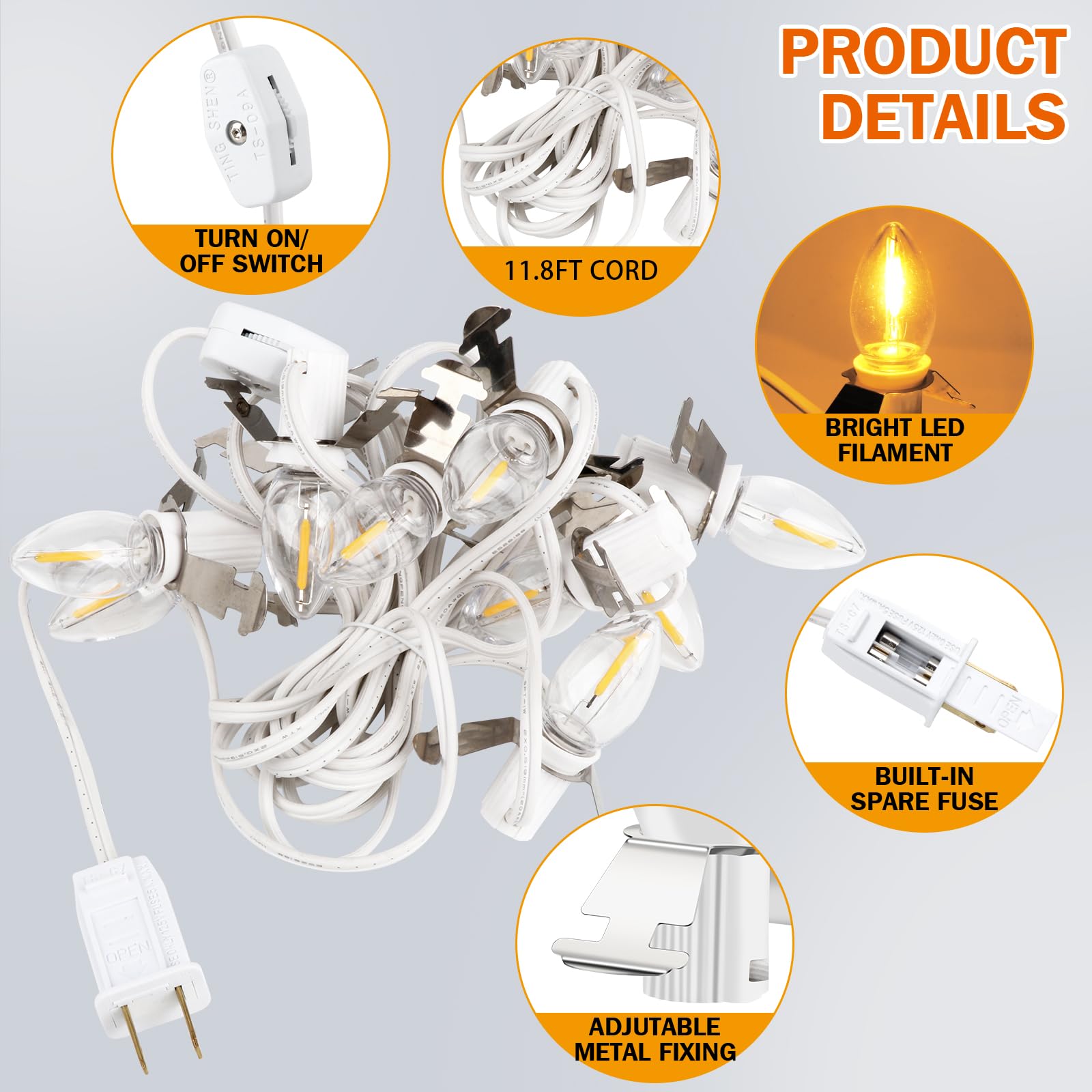 kzfuli Christmas Village Lights C7 LED String 9 Bulbs 11.8ft Warm White - Holiday Lighting Decor
