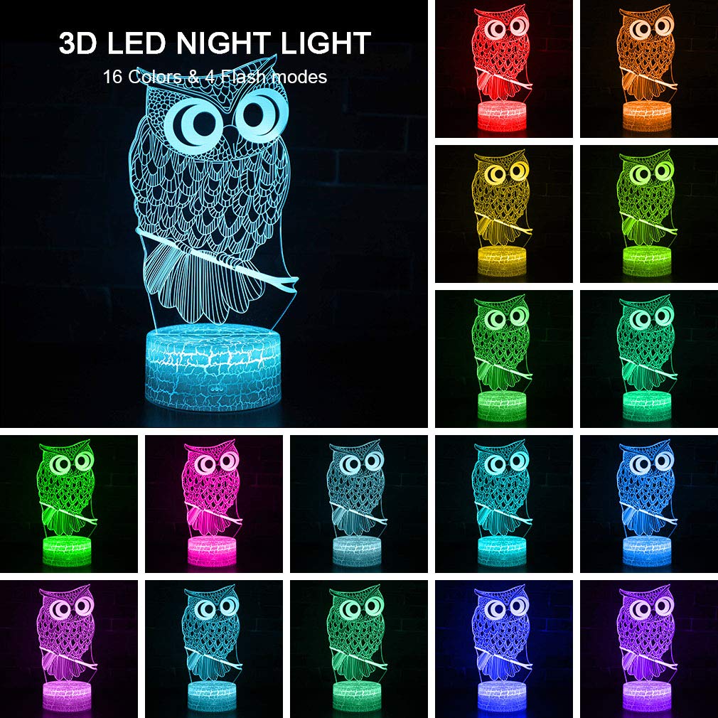 Lucky Owl Night Light For Kids, 3D Optical Illusion Night Lamp With Remote Control & 16 Color Changing Desk Table Lamp, Kids Roo