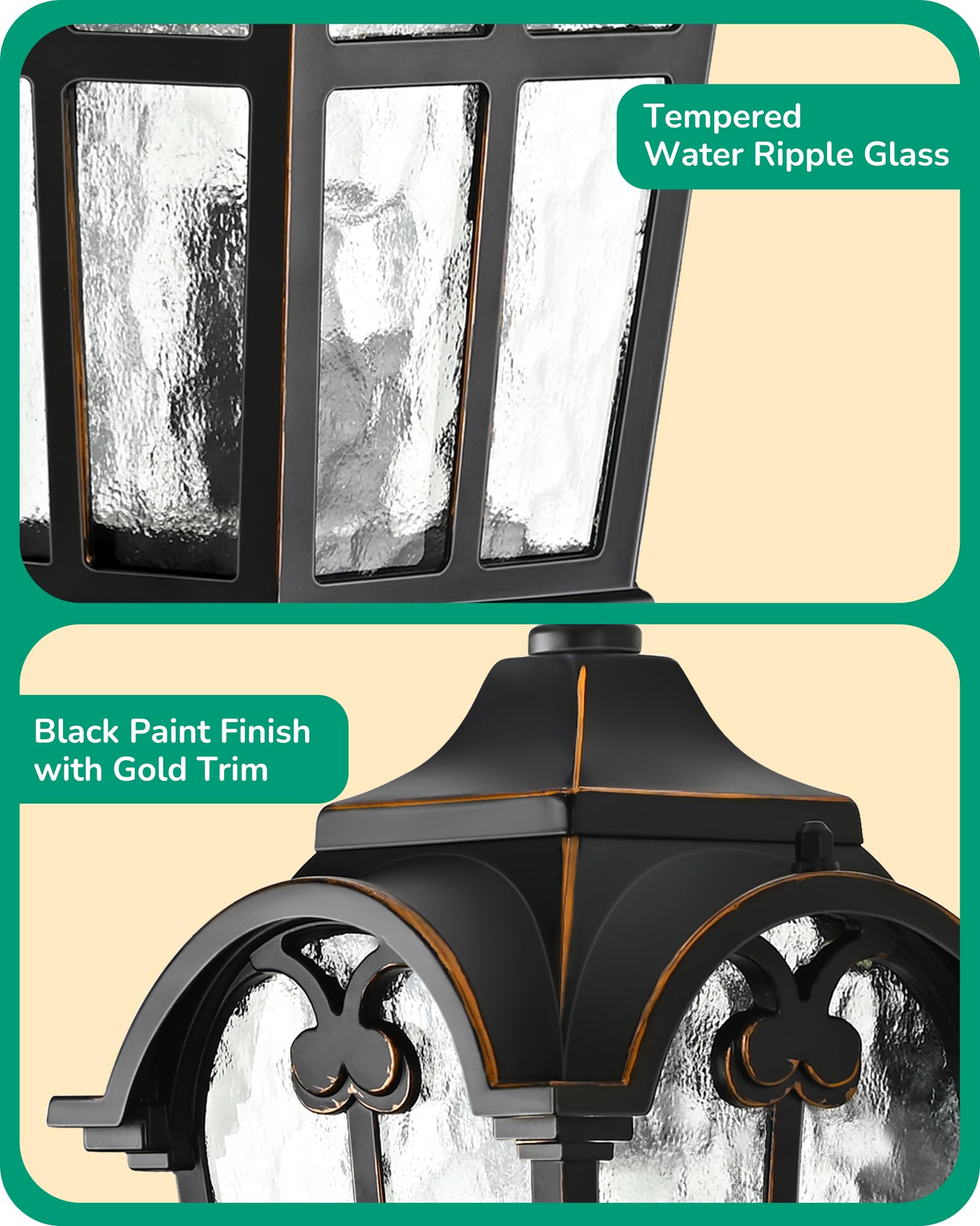 EDISHINE Dusk to Dawn Outdoor Wall Light, 17" Black Roman Lantern with Water Ripple Glass, Waterproof Sconce for Porch, Garage, Patio