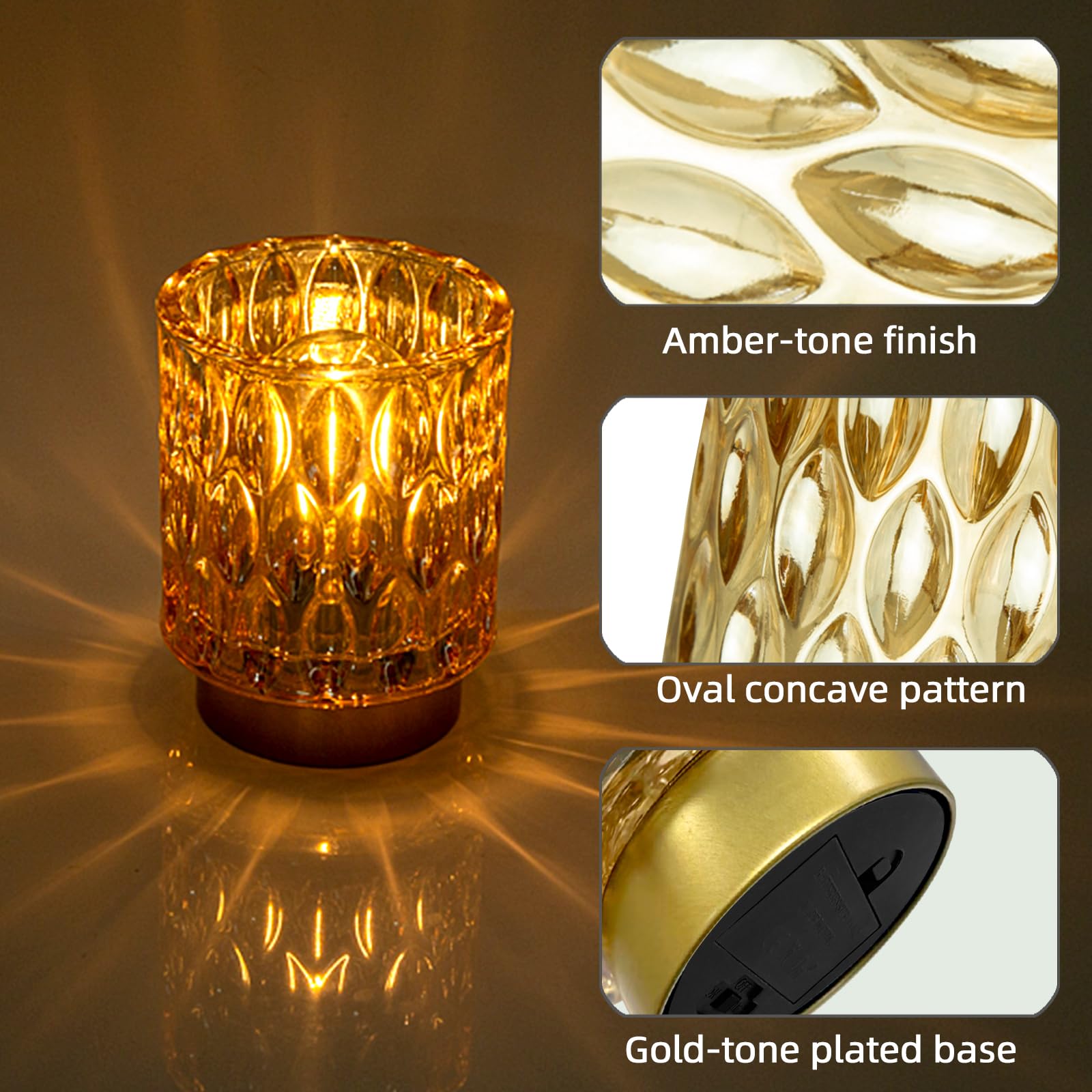 MJ PREMIER Battery Operated Table Lamps, Cordless Mini Crystal Lamp, 2 Packs, Amber, LED Bulb for Home Decor