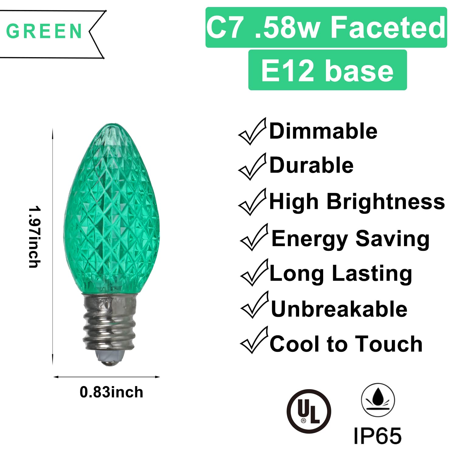 Rainmin Durable 25 Sets Of C7 Led Christmas Light Bulbs,E12 Faceted Green Led Light Bulbs For Outdoor&Indoor Use(Green)