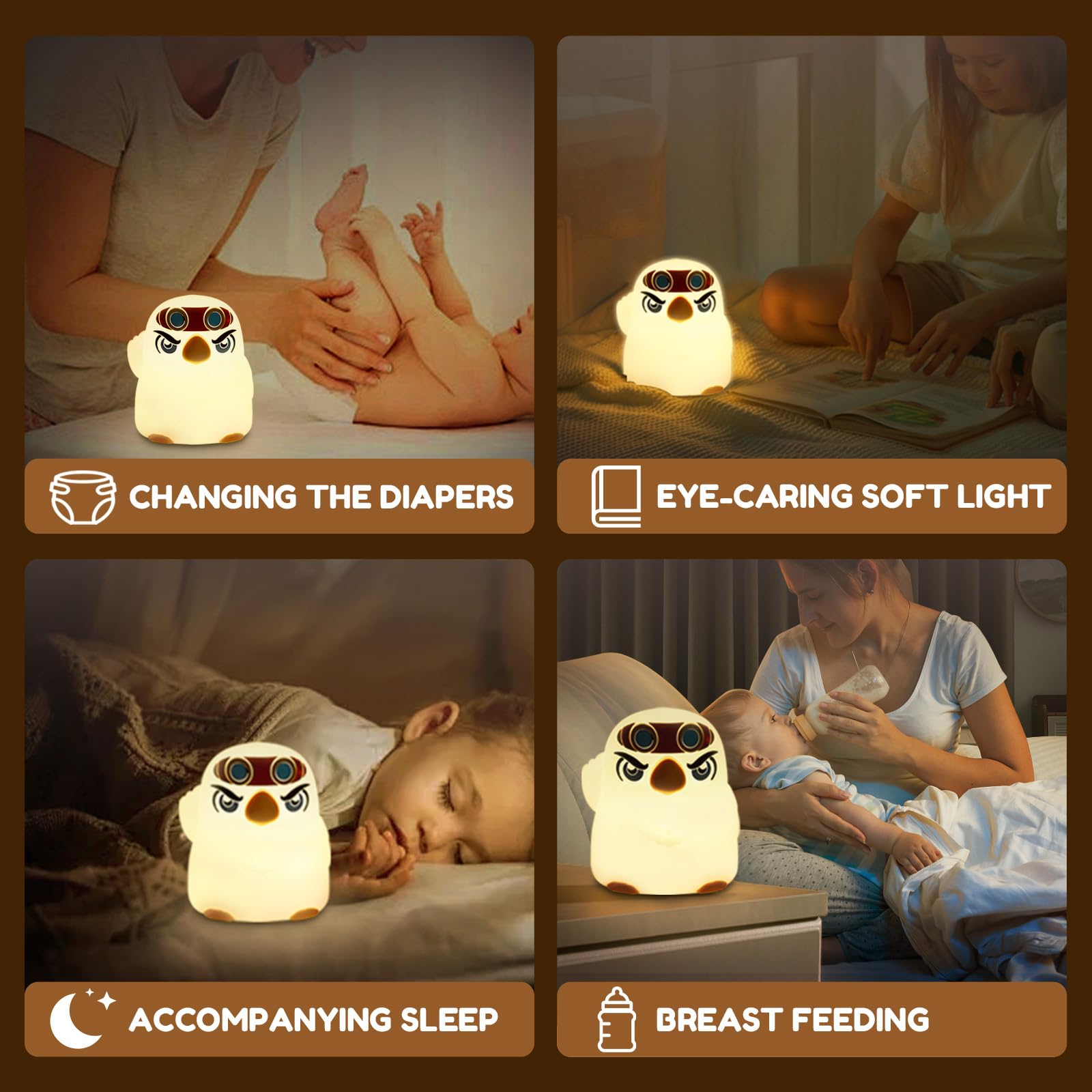 PVOGRT Night Light for Kids, 3 Levels Dimmable, Silicone, White, Model NL, Cute Eagle Design, LED Rechargeable Lamp for Toddler Bedroom