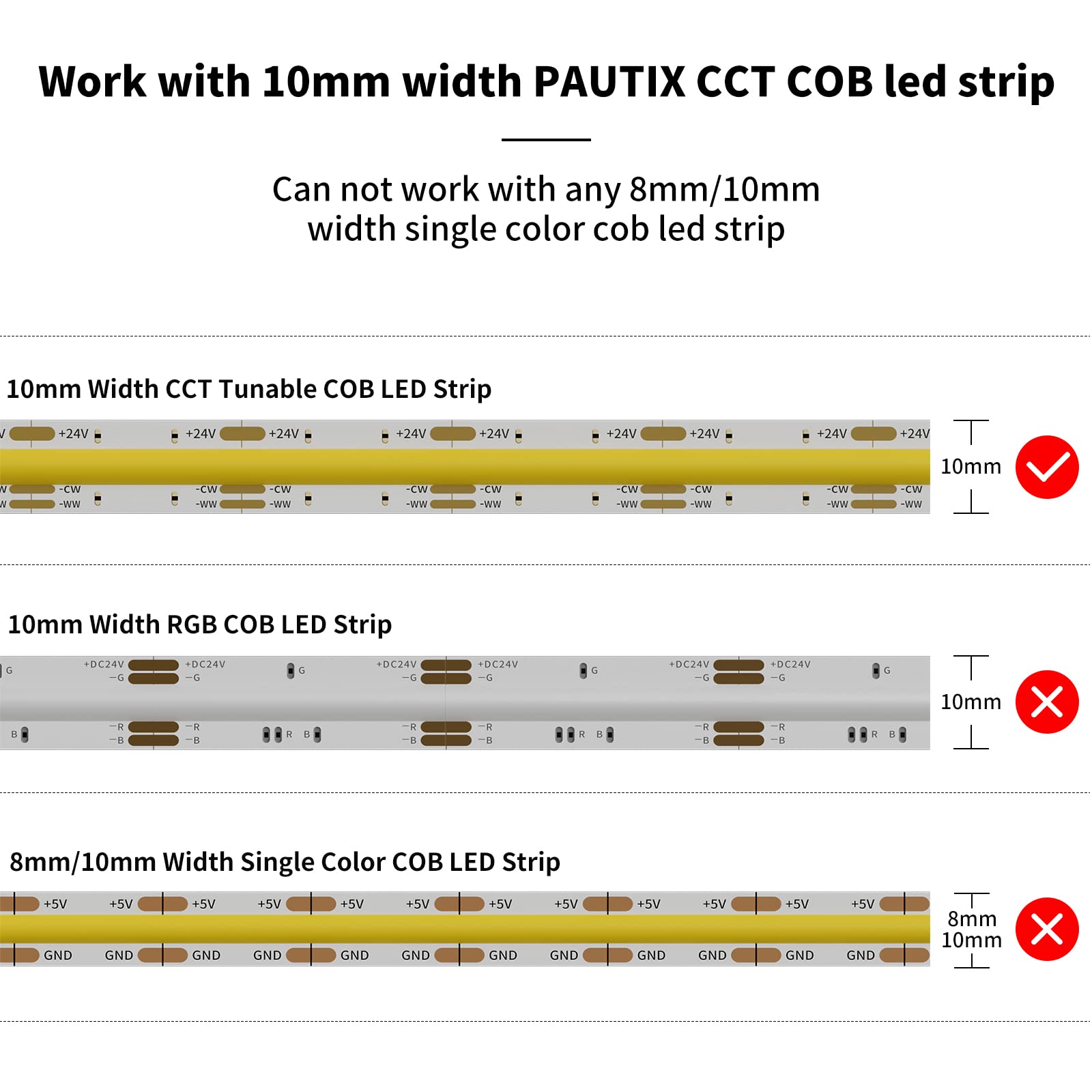 PAUTIX 10mm LED Strip Connectors Kit - 4 Dual End Solderless Connectors, 2 DC Plug Wires, Warm & Bright White, Connector Kit
