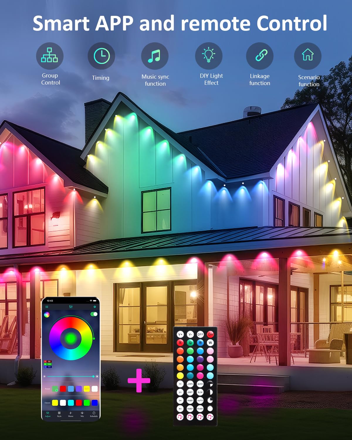 IVRICH 500FT Smart RGB Outdoor Lights, IP67 Waterproof, Music Sync, APP/Remote Control, 2 Rolls, White, Model 5050