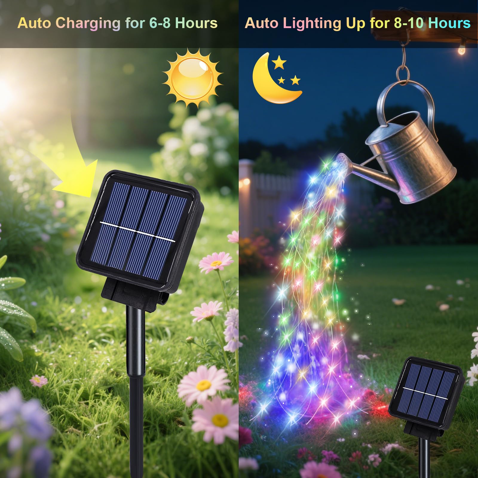 ANGMLN Solar Waterfall Fairy Bunch Lights, 200 LEDs, Waterproof, Multicolor, 8 Modes, Outdoor Christmas Garden Decorations, Model MBSHD