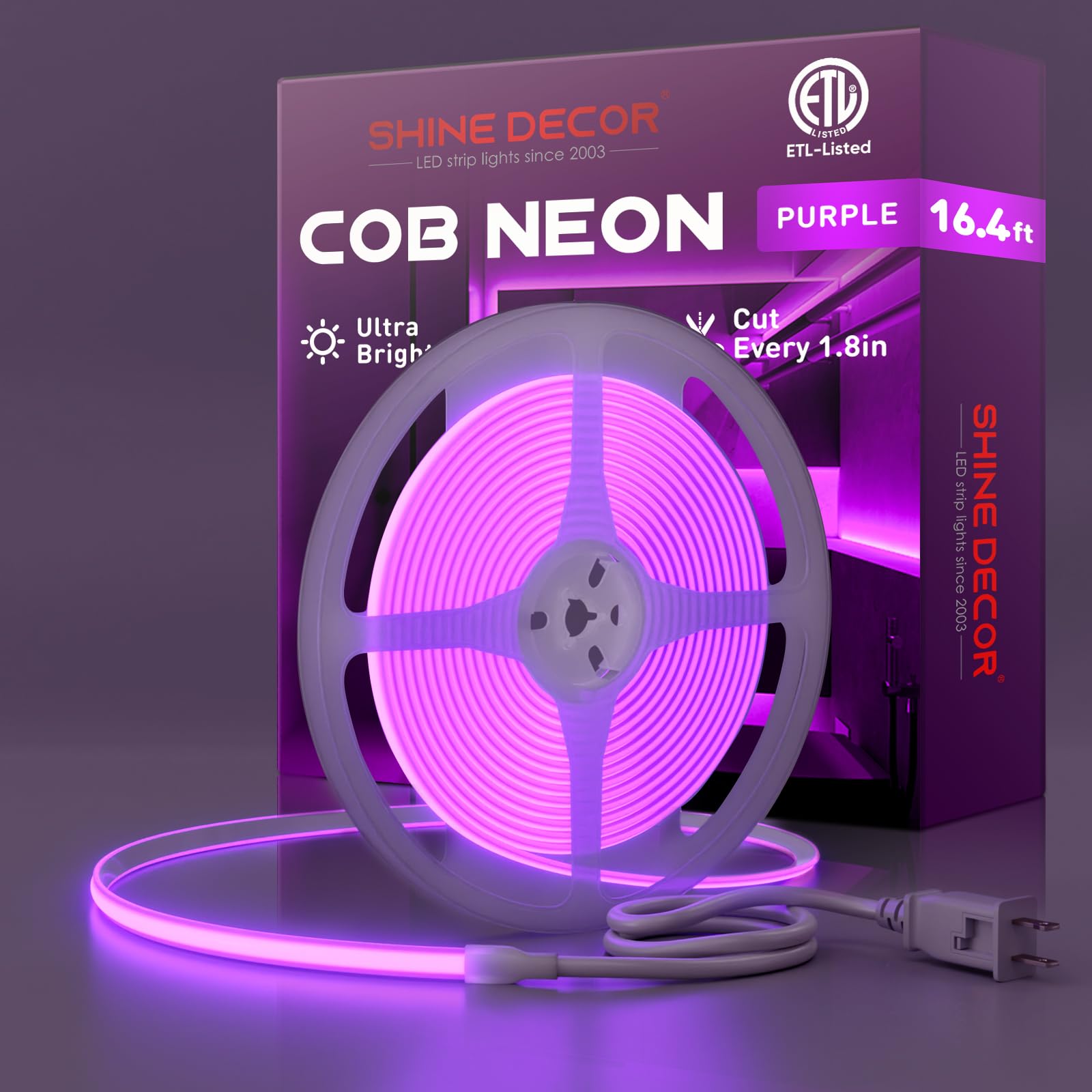 Shine Decor Cob Led Rope Light Ac 120V  800Lm Ultra Bright  Ip65 Waterproof Cold-Resistant Etl Neon Strip  No Driver Tape Lighting For Home Commercial 10X4.5Mm  Purple  16.4Ft