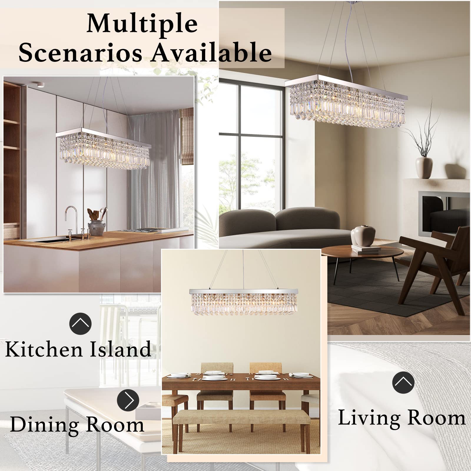 Siljoy Modern Rectangular Crystal Chandelier, 47'' Rectangle Raindrop Hanging Ceiling Pendant Light Fixture Adjustable Height Fo