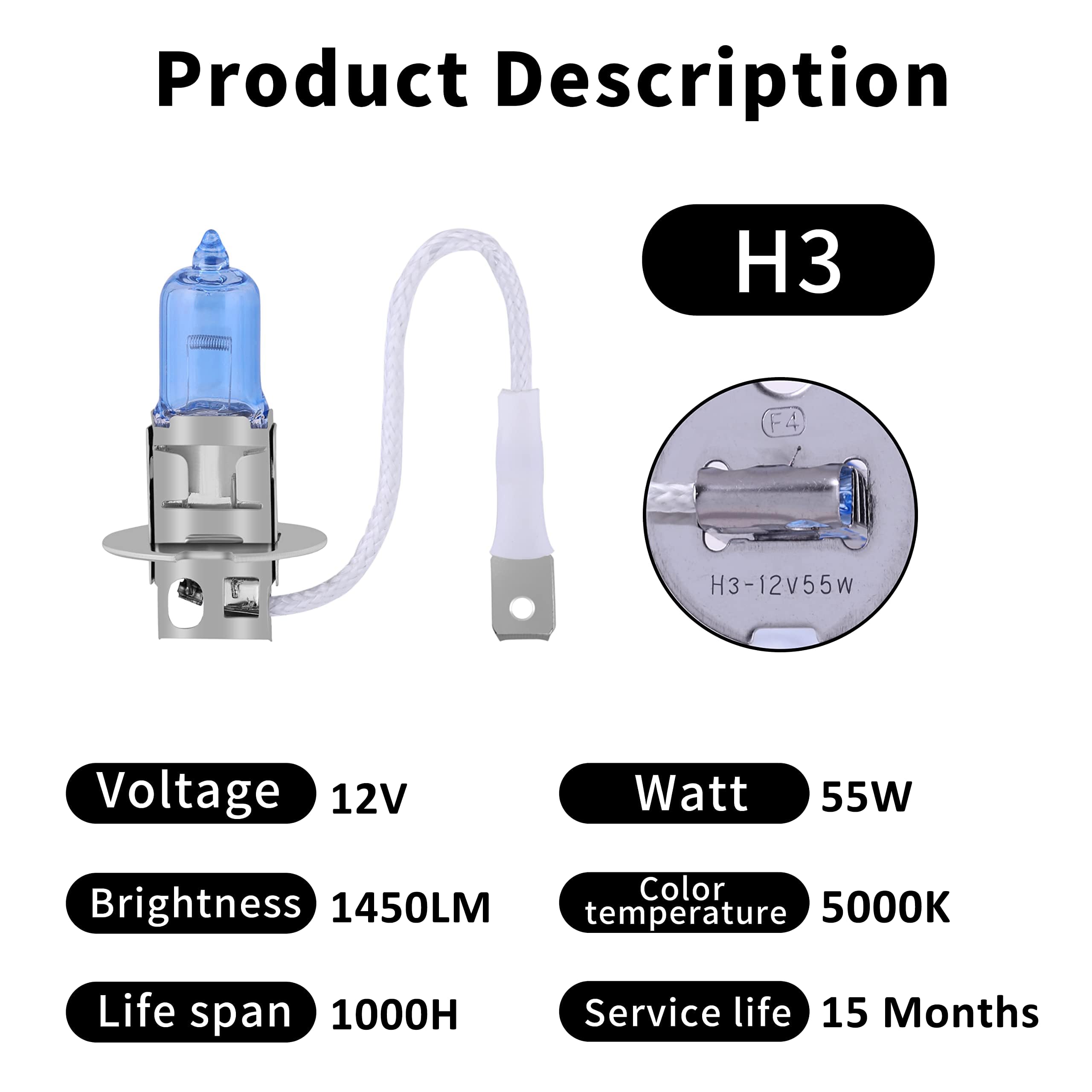 NEWBROWN H3 Halogen Headlight Bulb, Super White Light, Long Life, 12V/55W, 2 Pack, Glass