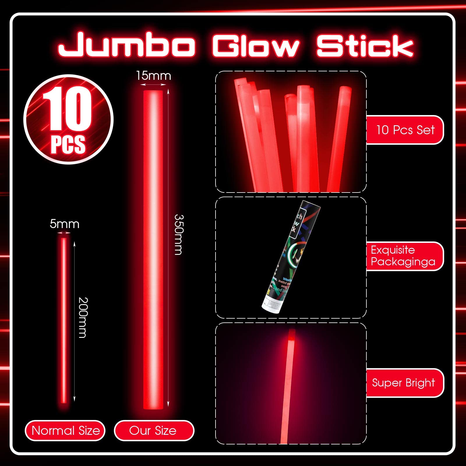 Lewtemi Glow Sticks - 10 Pcs Jumbo 14 Inch Emergency Light Sticks, Red - Perfect for Halloween, Camping, and Survival Kits