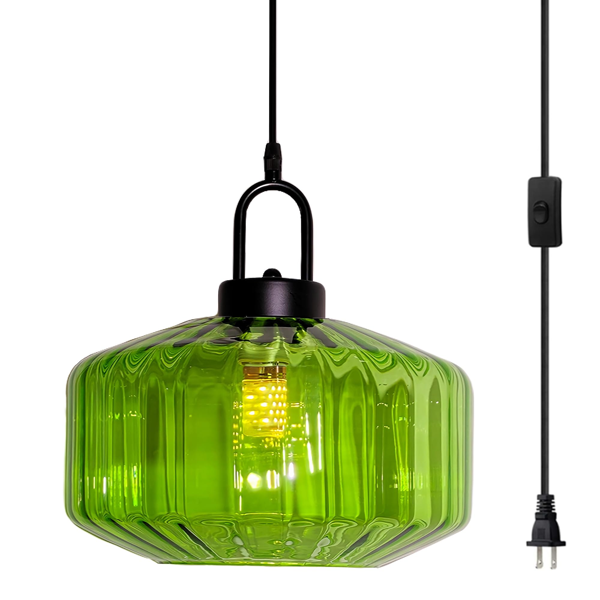Plug in Green Pendant Light Fixtures  Banded Glass Shade Hanging Lights with Plug in Cord Mid Century Modern Hanging Lamp Pendant Lighting Plug in Swag Lamp for Bedroom Dining Room Living Room