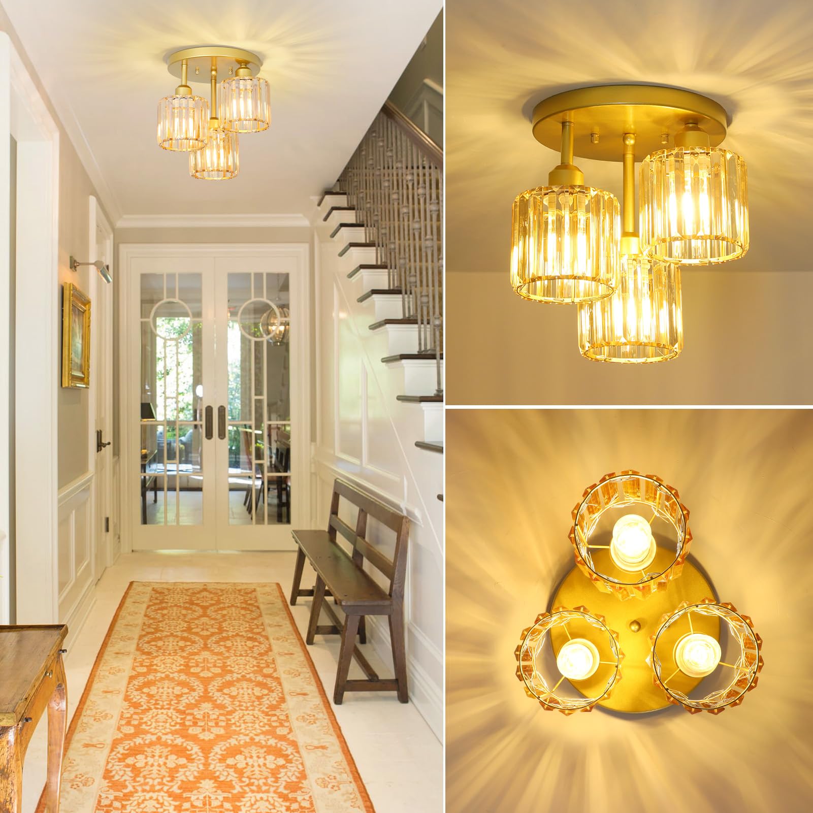 PAUFUL Semi Flush Mount Ceiling Light, 3-Light Crystal Fixture, Amber Glass Shades, Model 250617B1