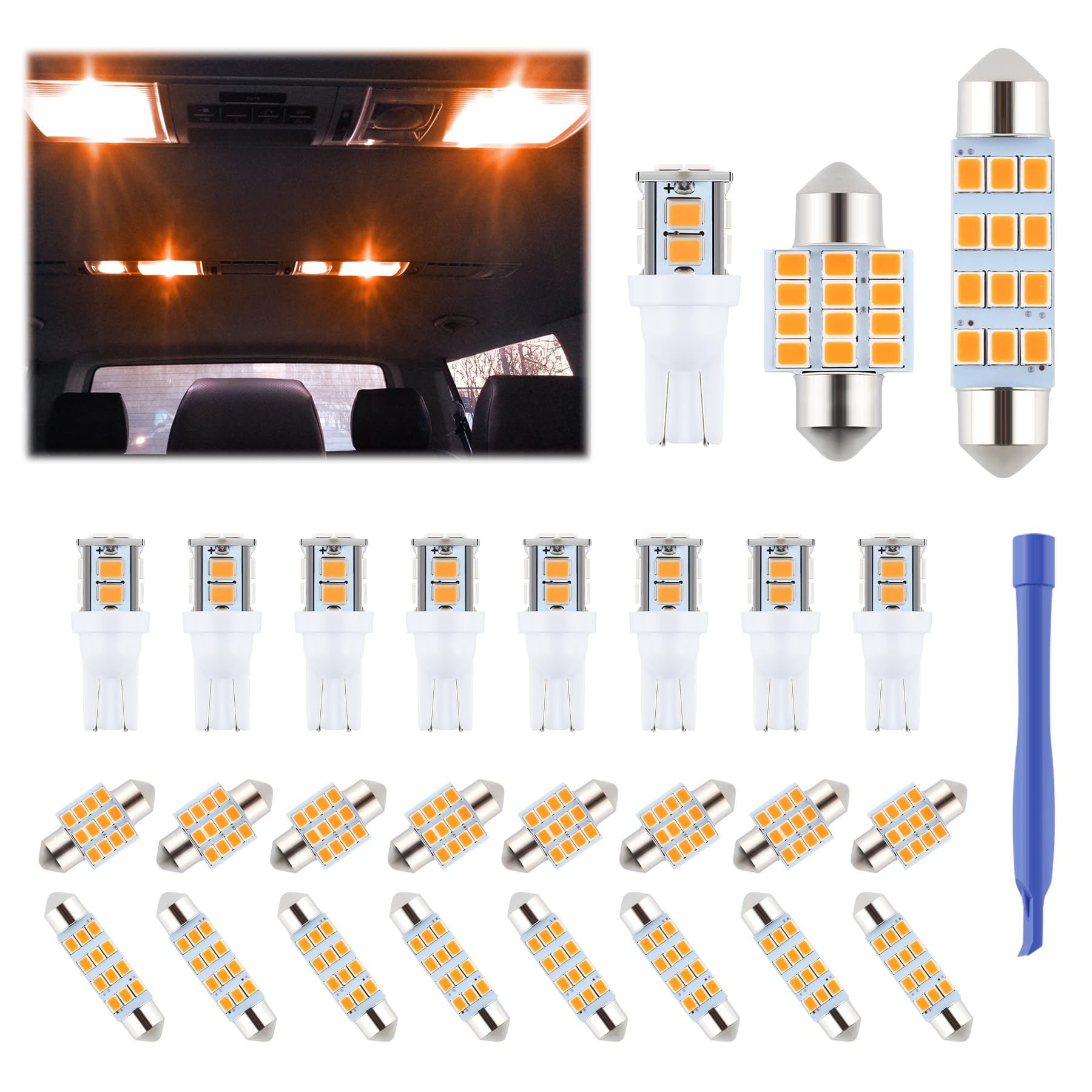iFunyLED 24-Piece Dome Light LED Bulb Kit - Amber Replacement Lights for Car Interior, Map, License Plate, and Trunk