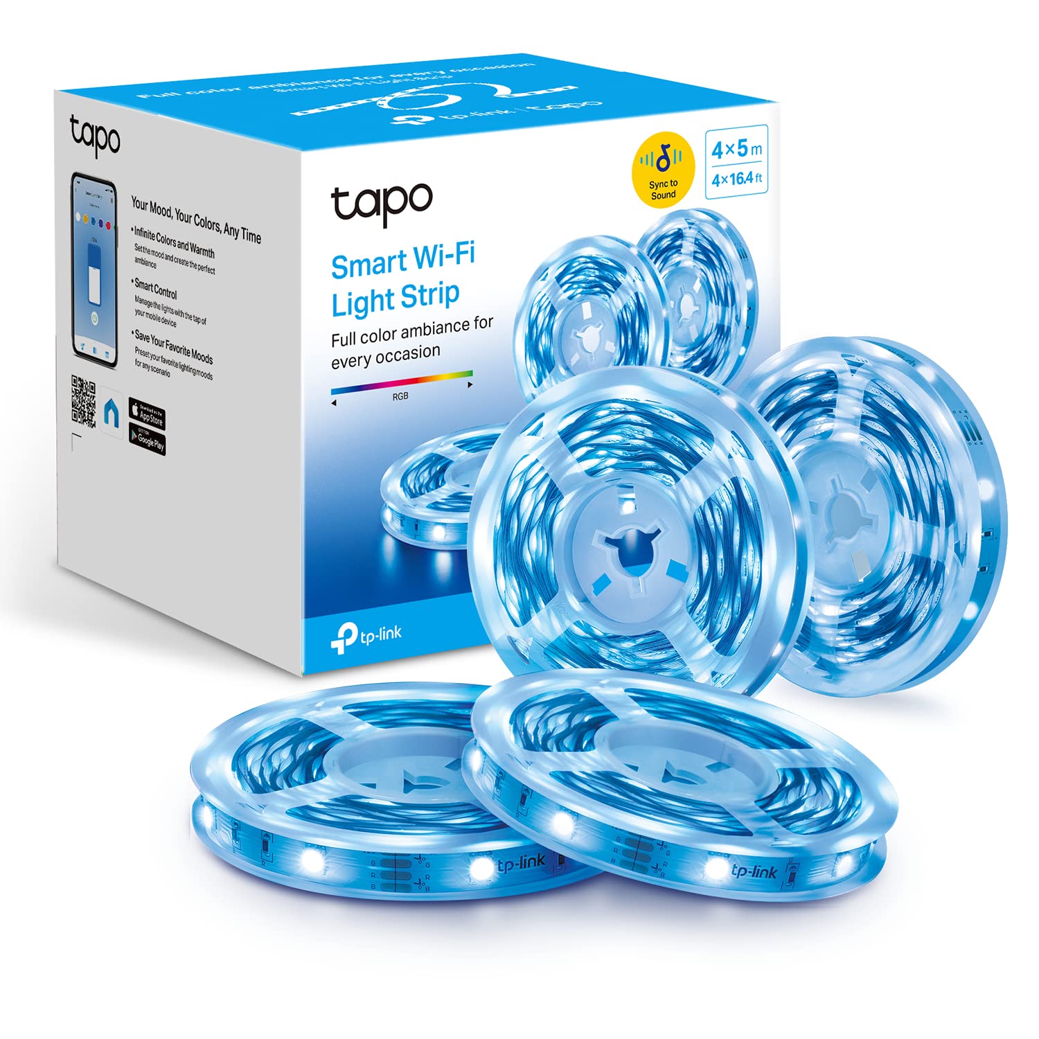 TP-Link Tapo Smart LED Light Strip, 16M RGB Colors, Sync-to-Sound, 65.6 Ft(4 Rolls of 16.4ft), Works w/Alexa & Google Home, Trimmable, No Hub Required, 2.4GHz (Tapo L900-20)