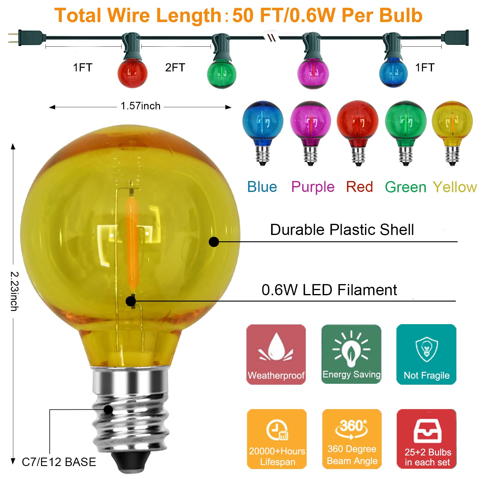 G40 Led Christmas Globe String Lights, 50Ft Shatterproof Colored Christmas Lights With 27 Led Clear Multicolor Lights(2 Spare),
