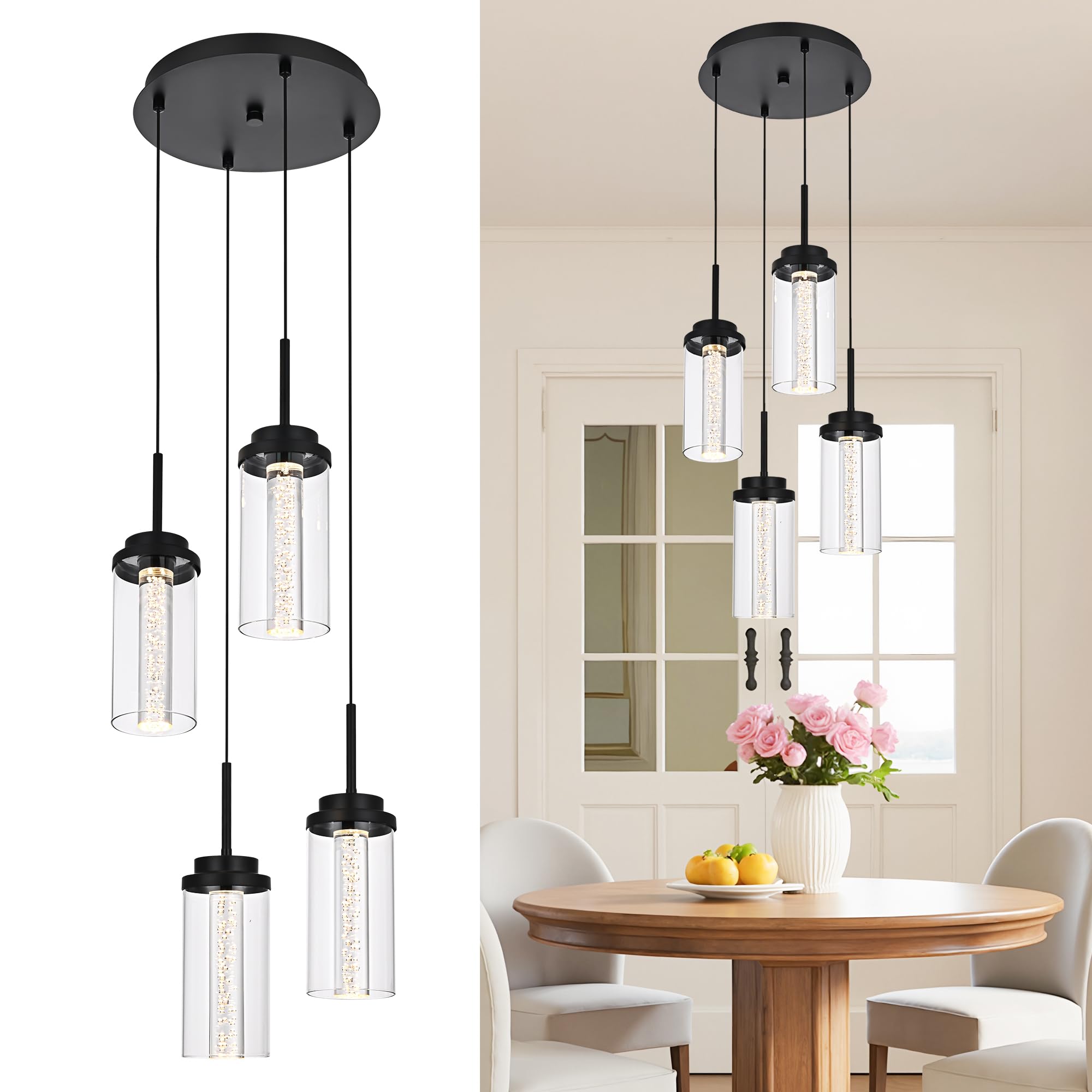 MELUCEE 4-Light Dimmable LED Pendant Light Dining Room Light Fixture Over Table Black Chandelier, 3000K-6000K Adjustable Color T