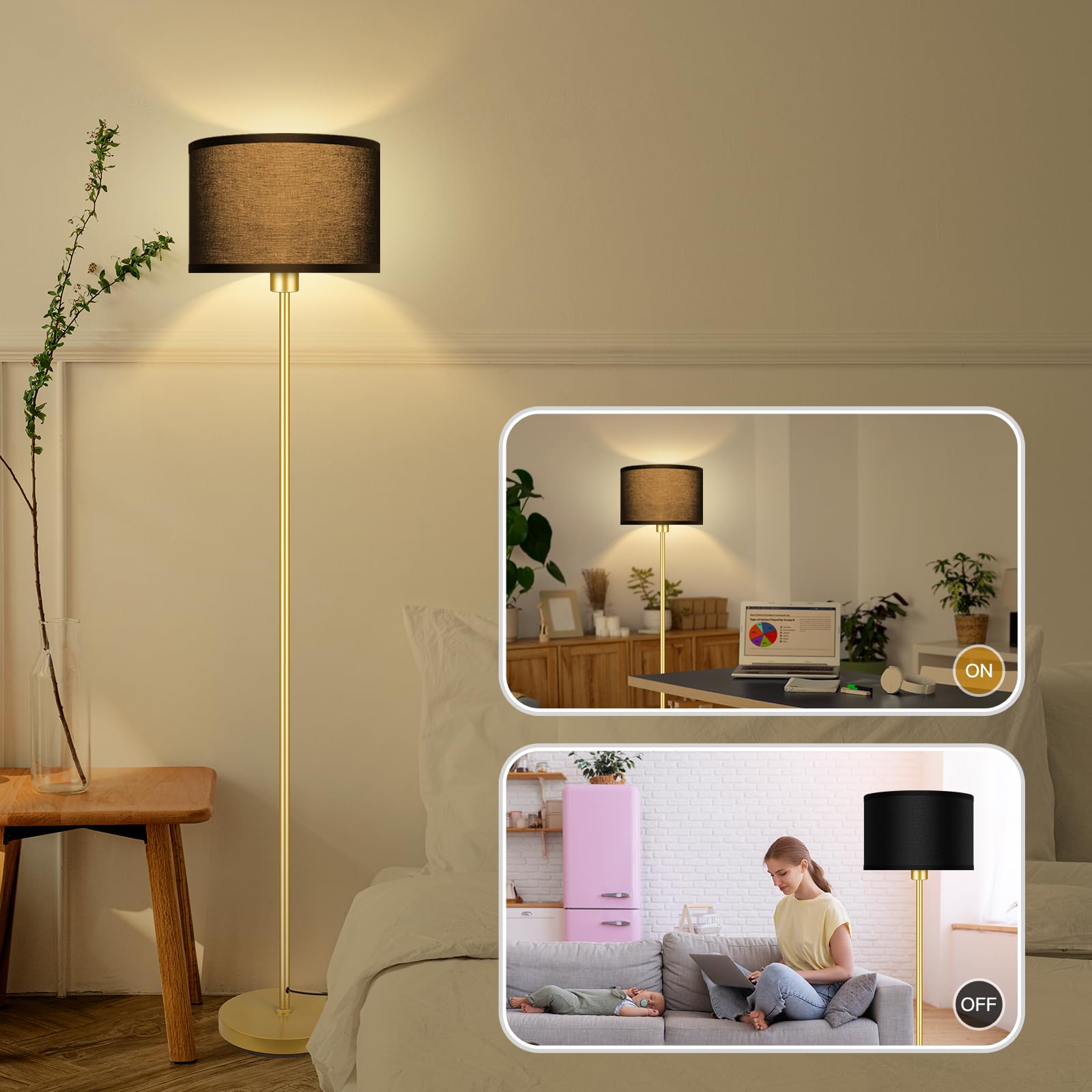 Gold Floor Lamps For Living Room, Modern Bright Standing Lamp, Black Lamp Shades, Foot Switch, Simple Pole Lamps Corner Lamp For
