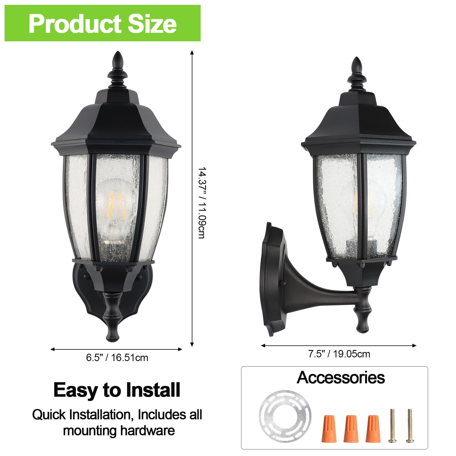 Lprzsg Outdoor Wall Lantern - 14&quot; Black Waterproof Porch Light With Seed Glass Shade