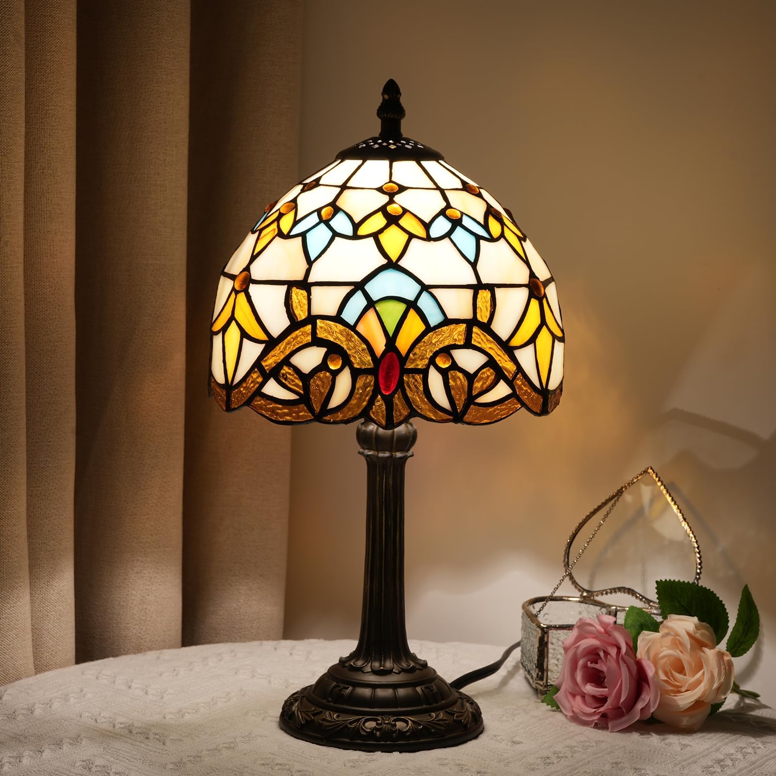 Wecrejoni Tiffany Lamp Stained Glass Lamp Small Bedside Table Lamps For Living Room Bedroom Dorm Kitchen Home Decor Festival Birthday Gift Yellow Baroque