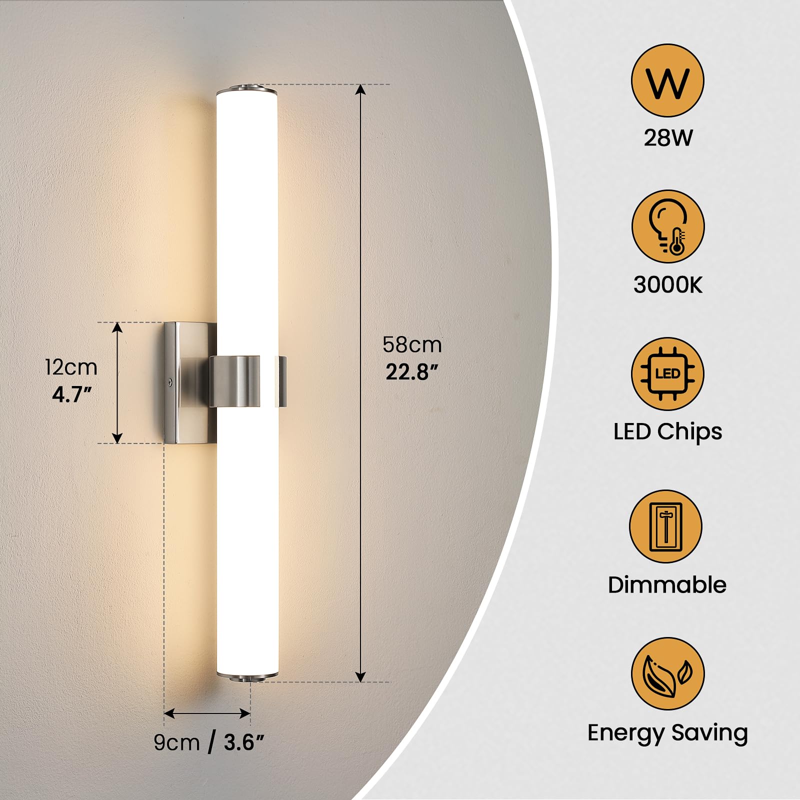 Aijiasi Brushed Nickel Vanity Lights - 22 Inch Modern Vanity Light Fixtures With Acrylic Shade, 28W Led 3000K Over Mirror Bathro