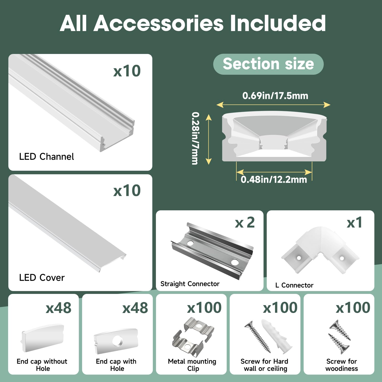 hunhun 10-Pack U Shape LED Aluminum Channel System, 6.6ft White with Milky Cover, End Caps & Clips, Model P16-2M-10