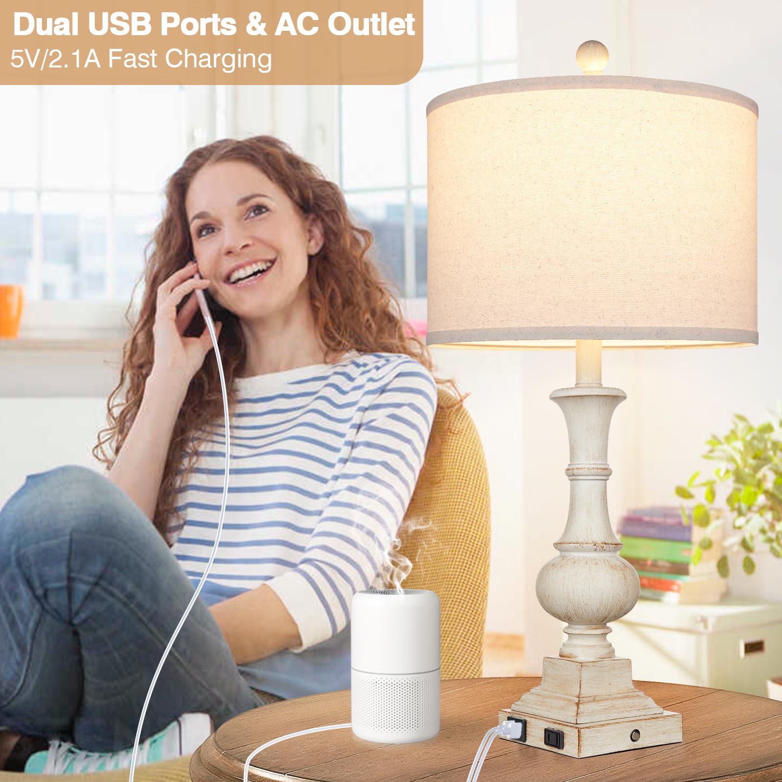 26'' Farmhouse Table Lamp, Vintage Rustic Touch Control Bedside Lamp With 2 Usb Ports & Ac Outlet, Boho Resin 3-Way Dimmable Nig