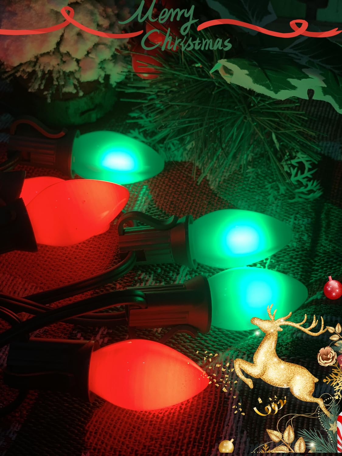 Sunsgne C7 Led Christmas Lights Outdoor, 25Ft Vintage Christmas Lights With 27 Led Red Green Plastic Bulbs(2 Spare), Hanging Chr