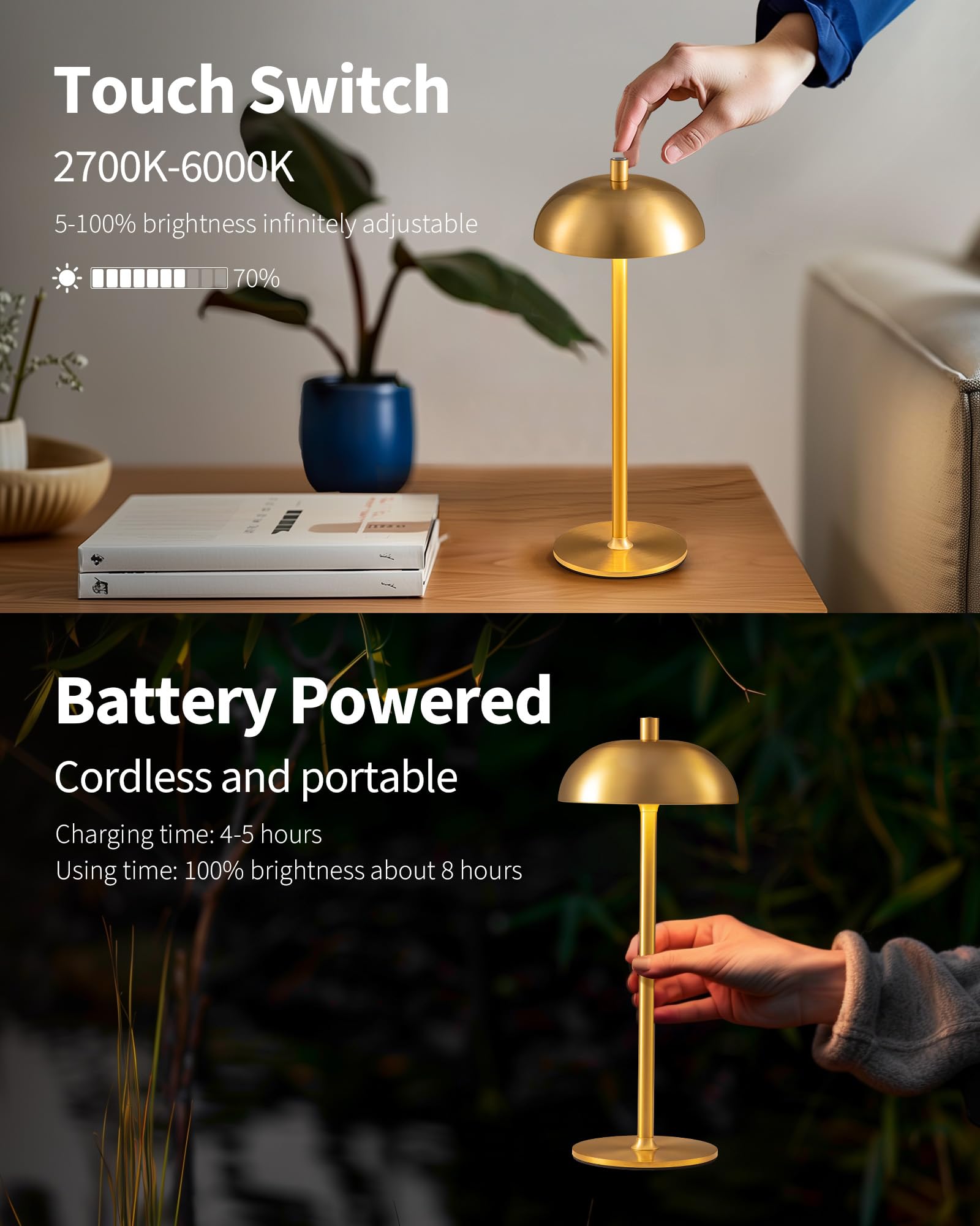 NEWSEE Cordless LED Table Lamps Set of 2, 12" Gold, Rechargeable, 3 Color Dimming, Modern Design for Bedroom & Outdoor Use