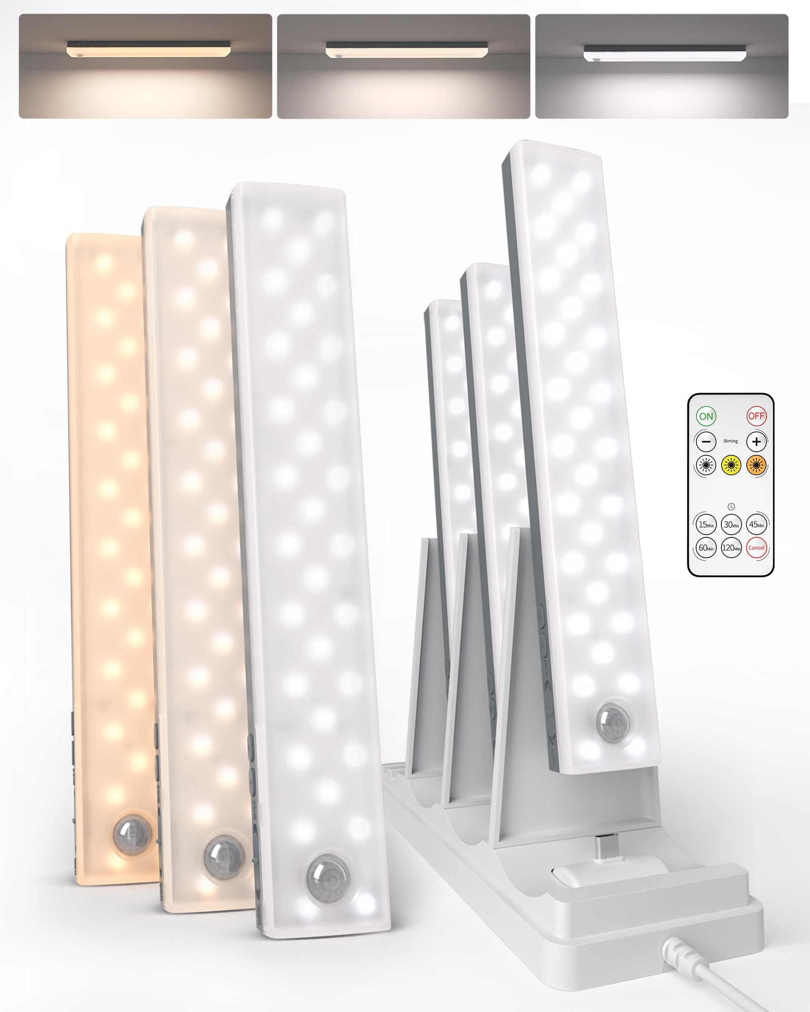 Ezvalo 62 Led Under Cabinet Lights, Rechargeable Motion Sensor, Dimmable, 3 Color Temps, 6Pack