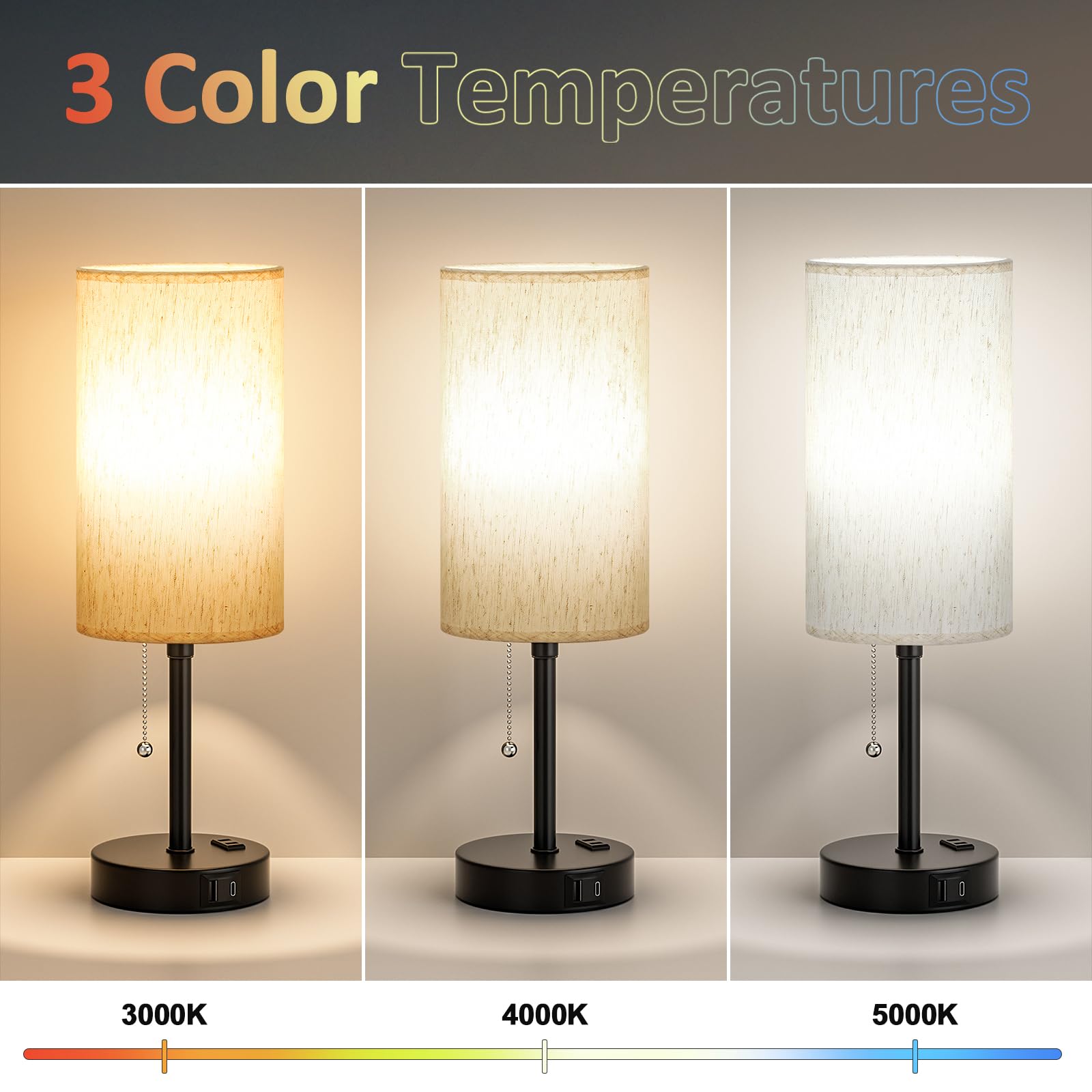Partageiz Pull Chain Table Lamp For Bedroom - 3 Color Temperatures, Usb A + C Charging, Ac Outlet, 17.4 Inch Tall Bedside Lamp With E26 Led Bulb