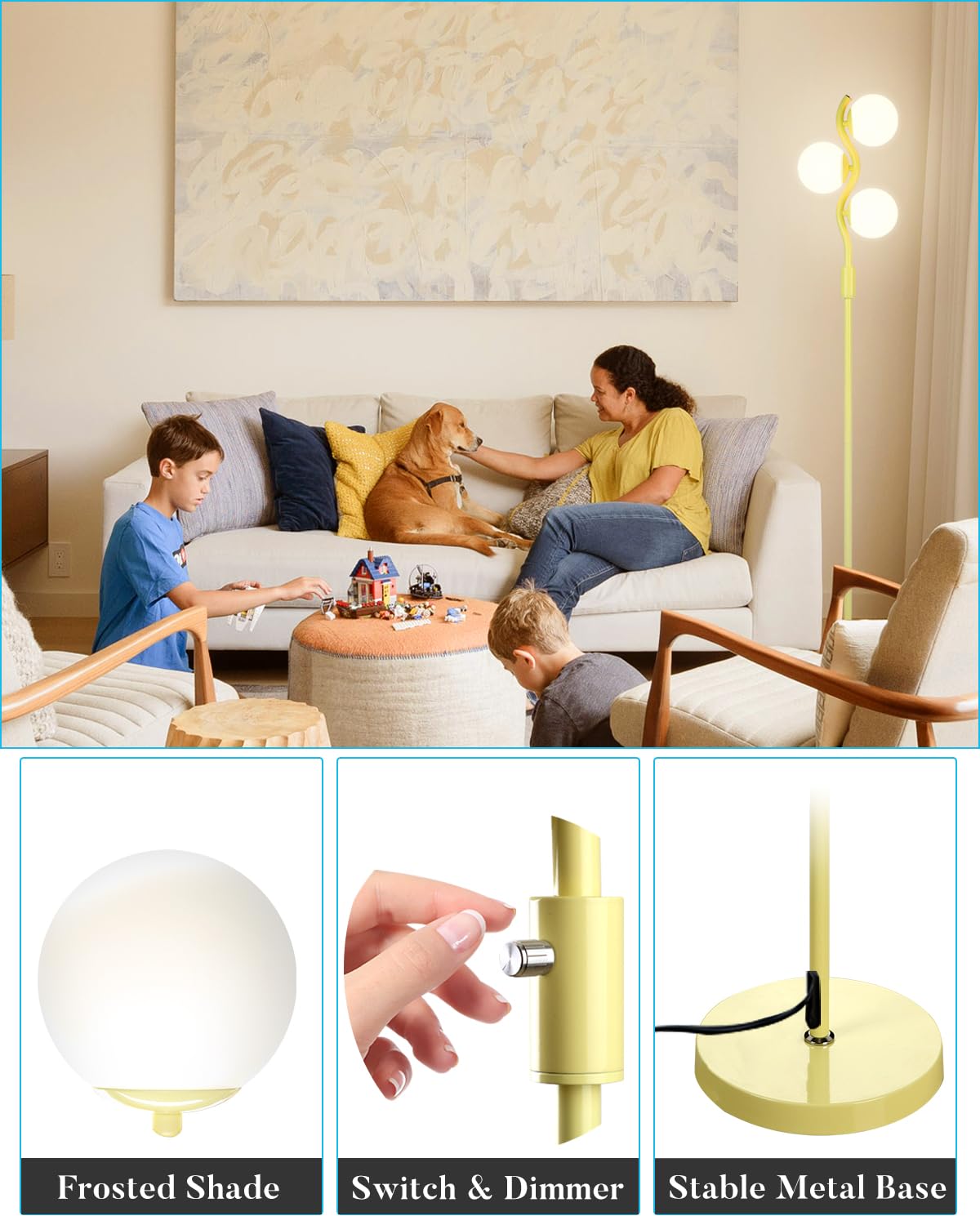 Lightdot 60IN 3-Globe Green Floor Lamp, Dimmable, Stepless Brightness, Modern Tall Design for Bedroom/Office - Model LFLL