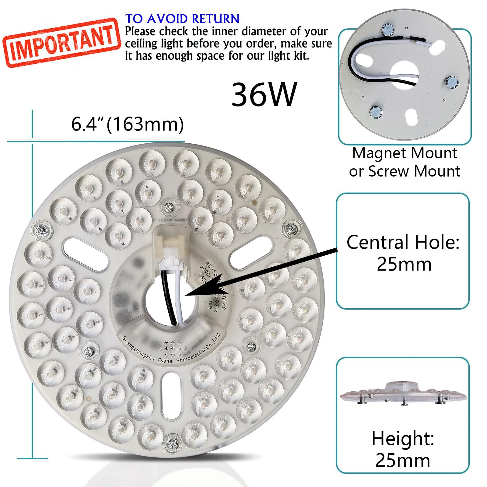 Zhairdalstar 36W 6.4'' Dimmable Led Light Engine Retrofit Kit For Ceiling Fan Light Replacement Led Board Panel,3 Color Temperat