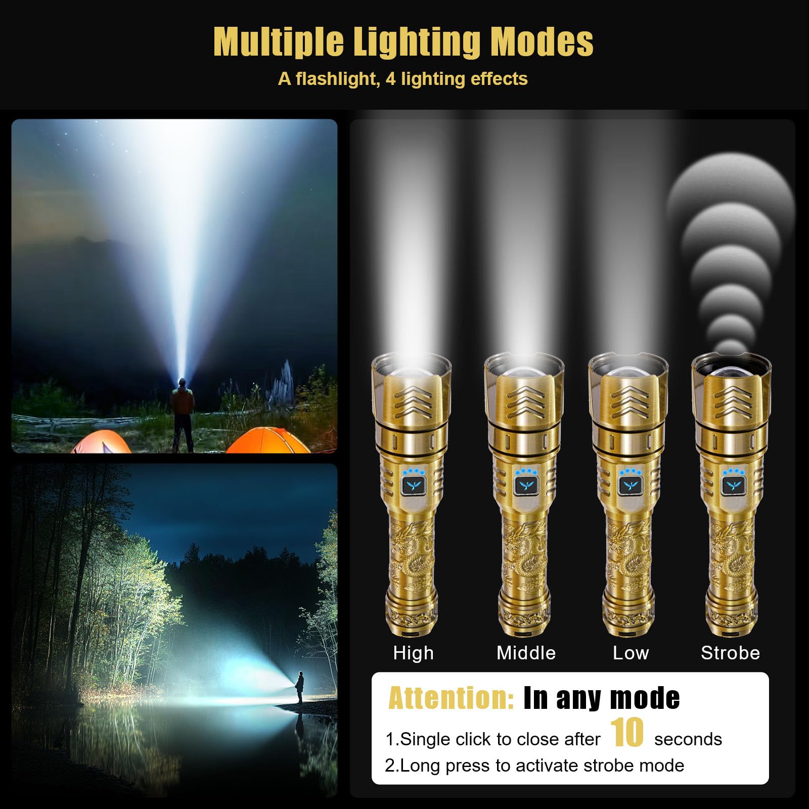 SKYFIRE Rechargeable Flashlight 3000lm Super Bright, Waterproof, Zoomable, Aluminum Alloy, Model SF-1097-Gold