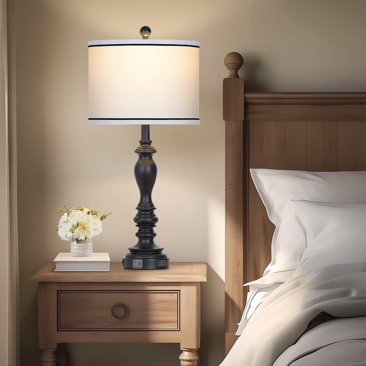 27.5'' Farmhouse Table Lamp For Living Room, Black Lamps Set Of 2 With Usb A+C Ports, Mid Century Tall Table Lamp For Bedroom, B