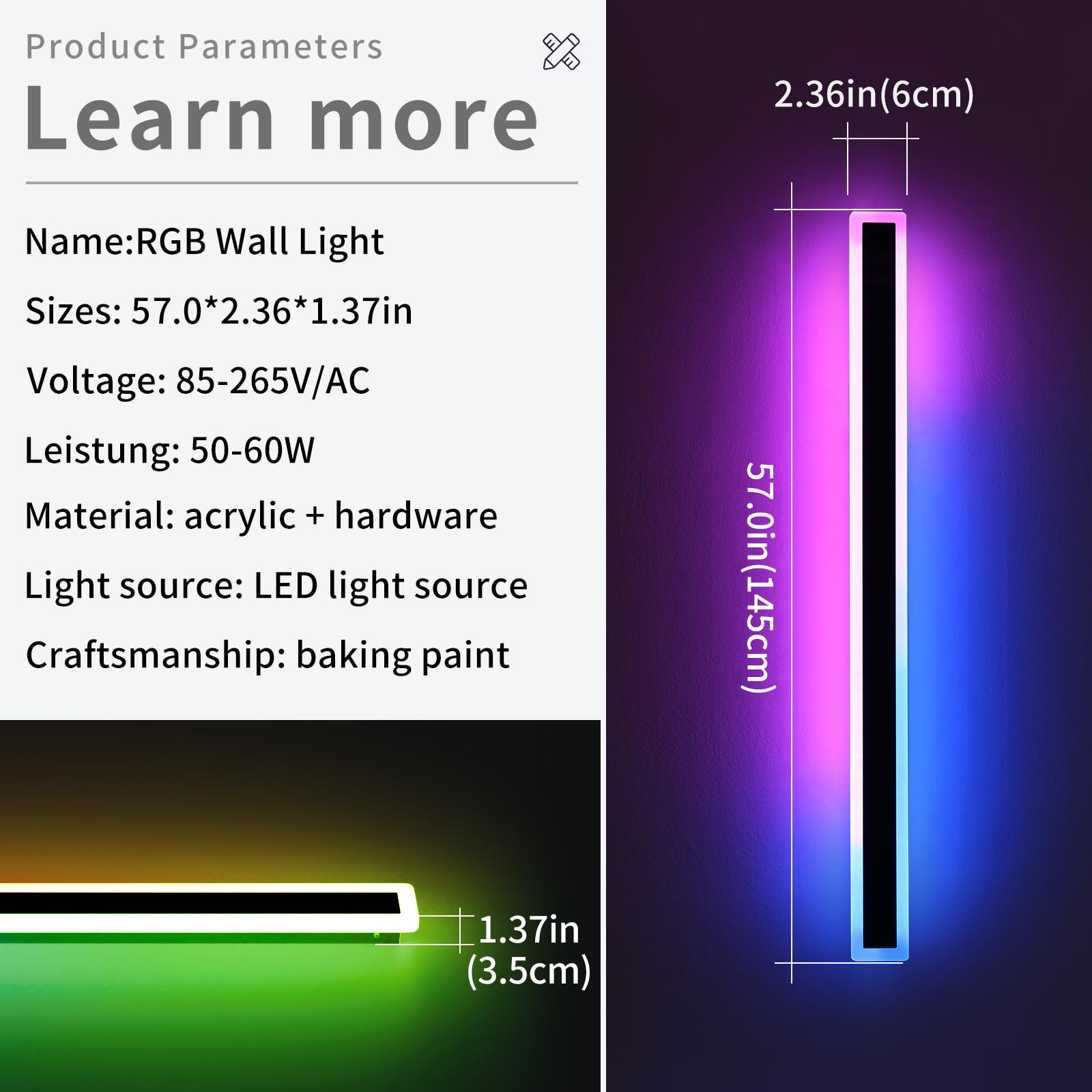 Daoseolo 2 Pack RGB Modern Outdoor Wall Lights, 57inch LED Sconce, Dimmable, Waterproof, Remote Control, IP65