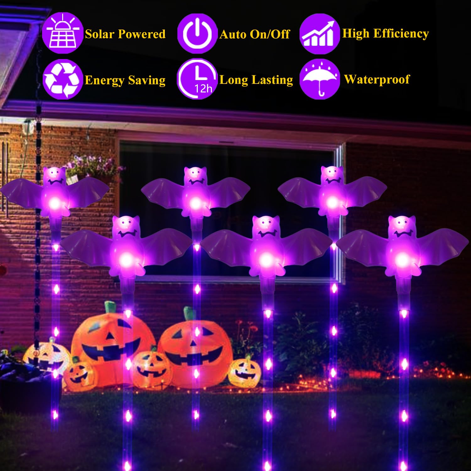 Xingpold Halloween Decorations Outdoor Solar Bat Garden Lights 6 Pack 56Led Solar Halloween Bats Lights  Waterproof Solar Pathway Lights For Outside Patio Yard Lawn Grave Party Gifts Decor Purple