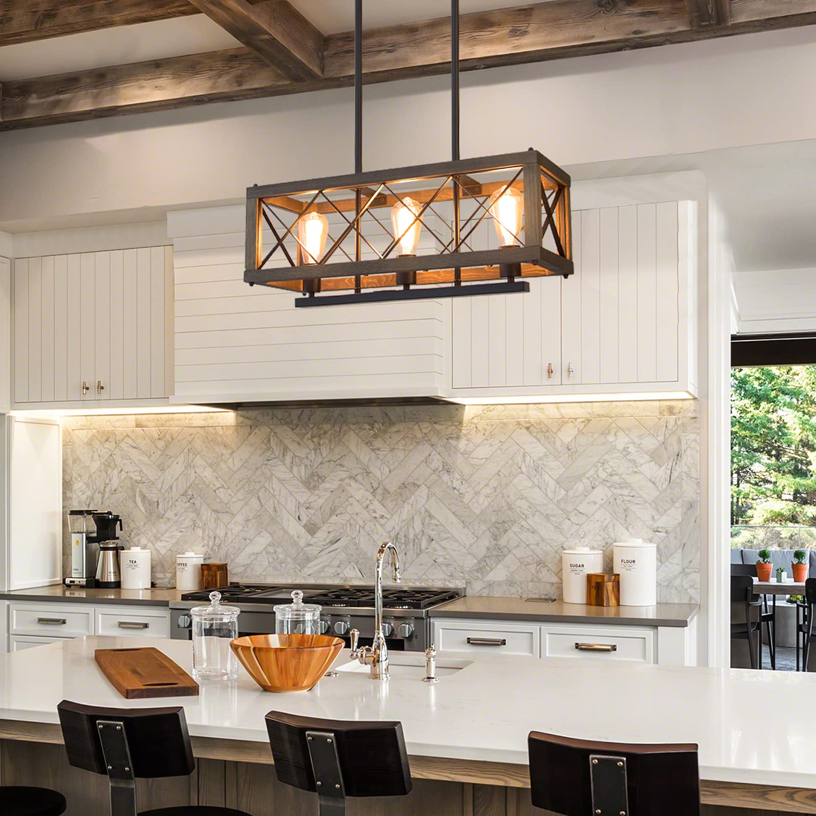 LALUZ Modern Farmhouse Chandelier, 3-Light Rectangular Fixture, Wooden Finish, 24in Hanging Light