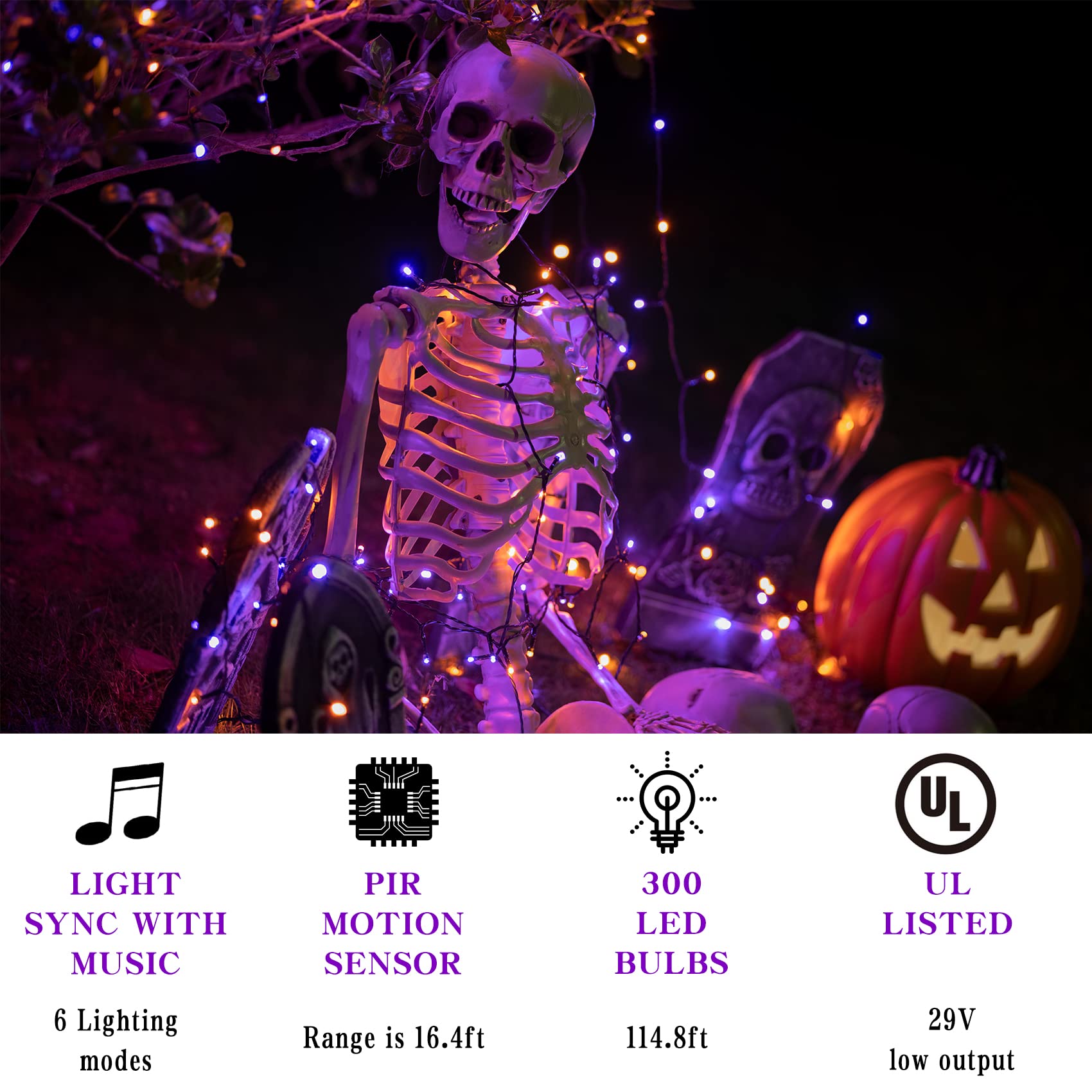 Rotu Halloween String Lights Outdoor With Music Sync Spooky Sounds 300 Led 114.8 Ft Indoor Fairy String Lights Waterproof For Halloween Party Haunted House Decorations (Purple & Orange)