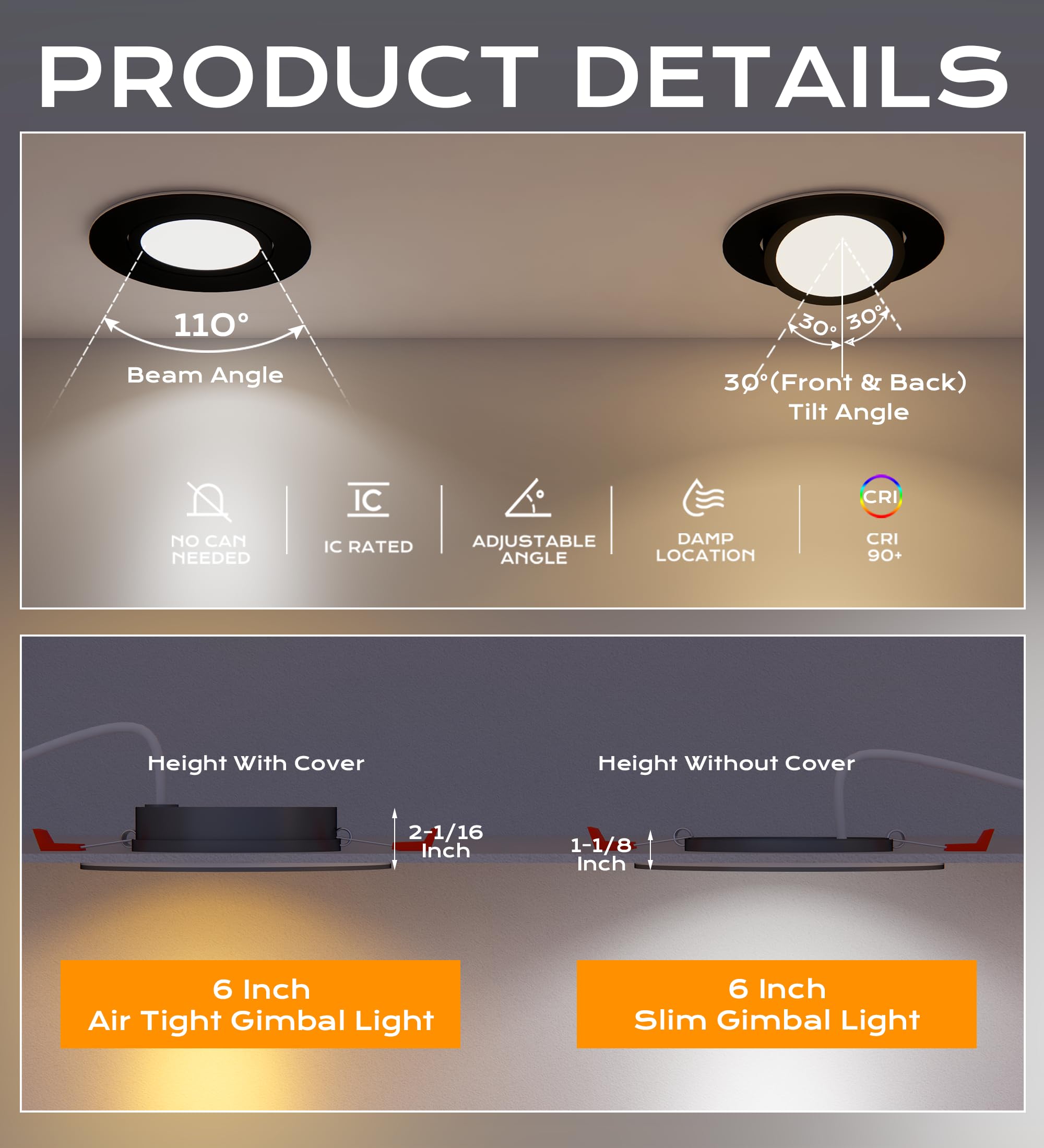 Cloudy Bay [4 Pack] 6 Inch 5 Color Swivel Led Gimbal Recessed Light With Junction Box Ic Rated Air Tight,120V Cri90+,2700K/3000K