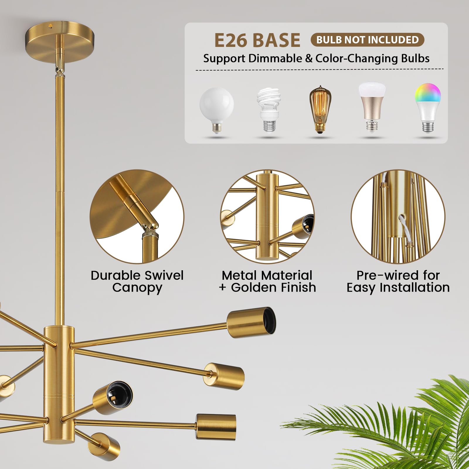 Kaisite Modern Chandelier Ceiling Light Fixture Sputnik Chandelier 10-Light Gold Chandelier For Dining Room Over Table Height Ad