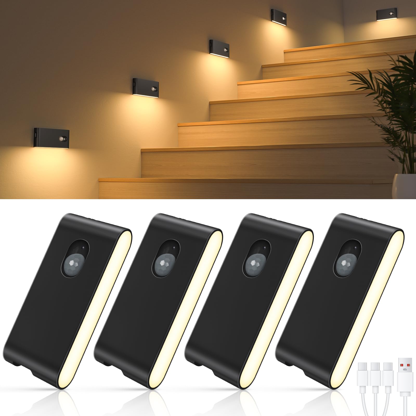 WILLED Motion Sensor Night Lights, Wireless Stair Lights Indoor, Battery Rechargeable Night Lights for Stairway, Hallway, Kitche